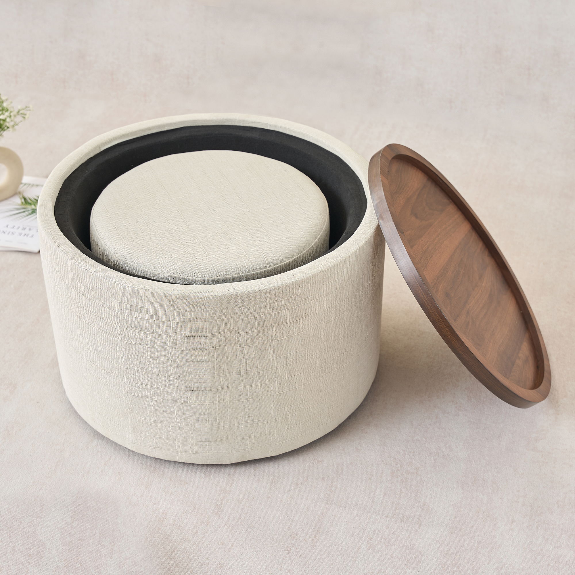 Nesting Ottomans, Round Coffee Table & Bench With Tray (Set of 2)