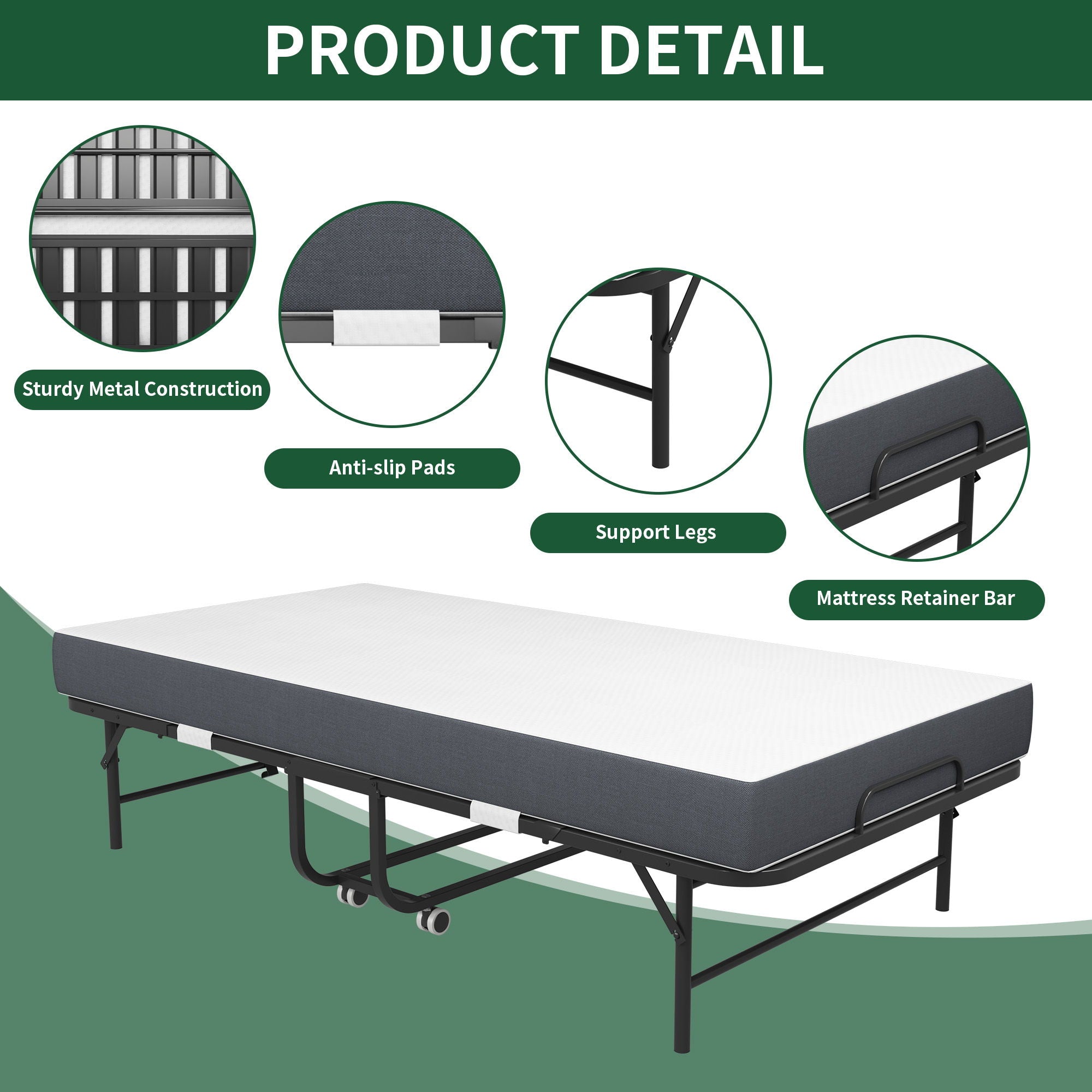 Twin Folding Bed With Memory Foam Mattress Portable Rollaway Bed Sturdy Metal Frame - Brushed Nickel