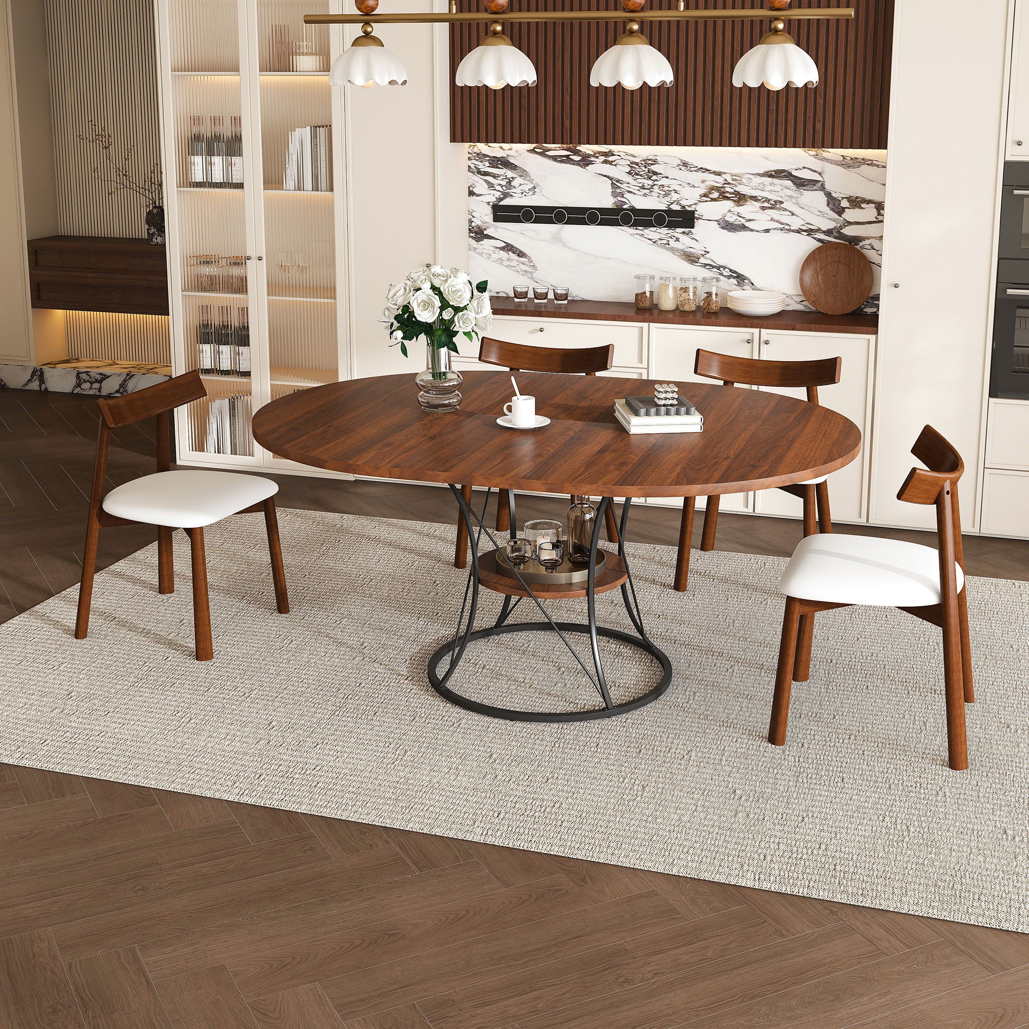 Round Extendable Dining Table Set With Chairs