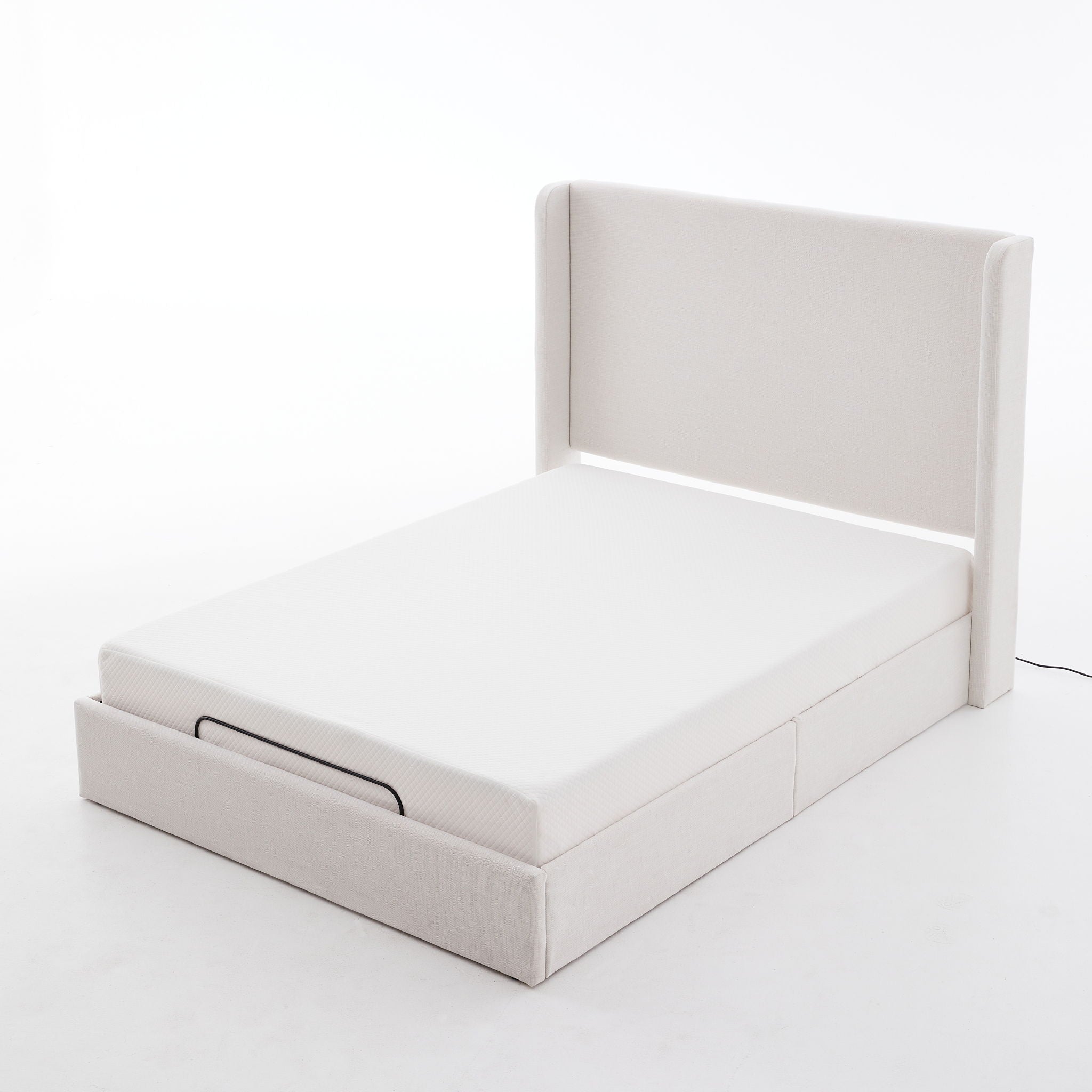 Caron - Queen Size Upholstered Wingback Bed With Adjustable Base Bundle Set - Ivory