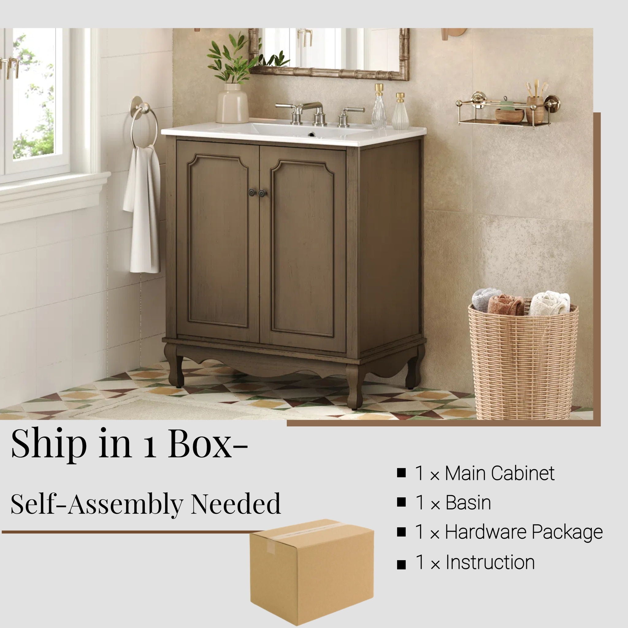 Vintage Bathroom Vanity With Ceramic Sink, Adjustable Shelves