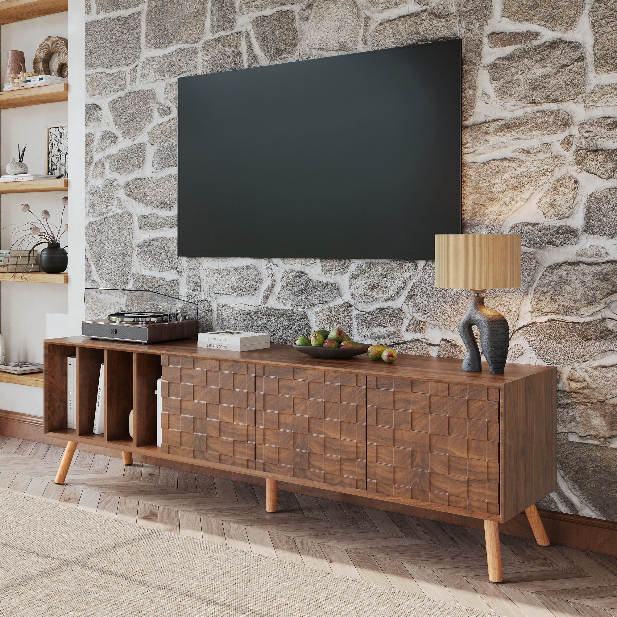 TV Stand, Cabinet For Living Room, Fits TVs Up To 80" - Walnut