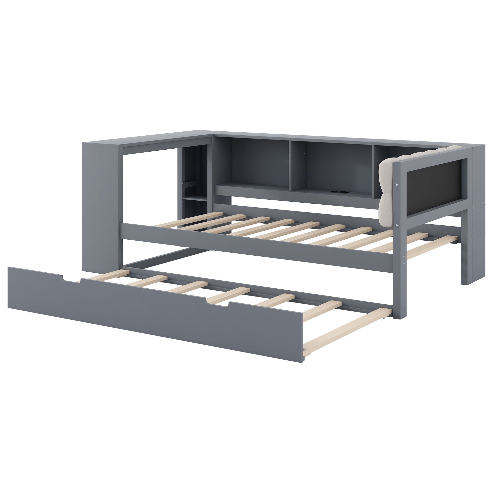 Upholstered Headboard Platform Bed With Storage Shelves, Trundle, Charging Station