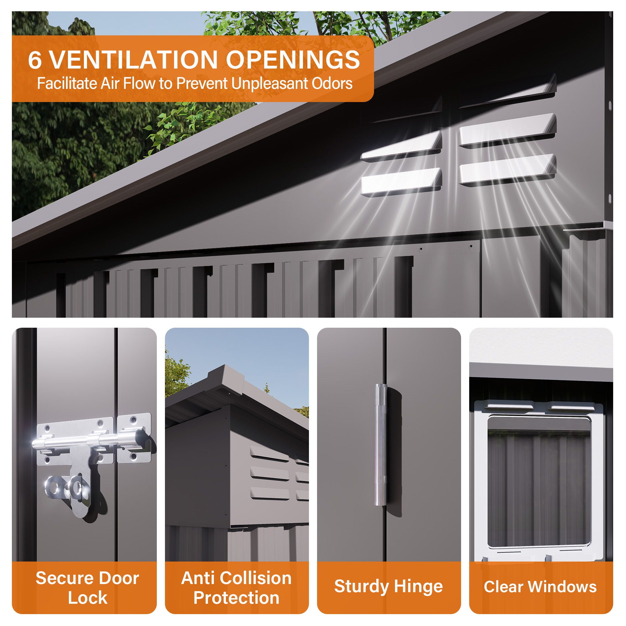 Outdoor Storage Shed, Tool House With Sloping Roof, 6 Vents And 2 Swing Doors For Backyard - Gray