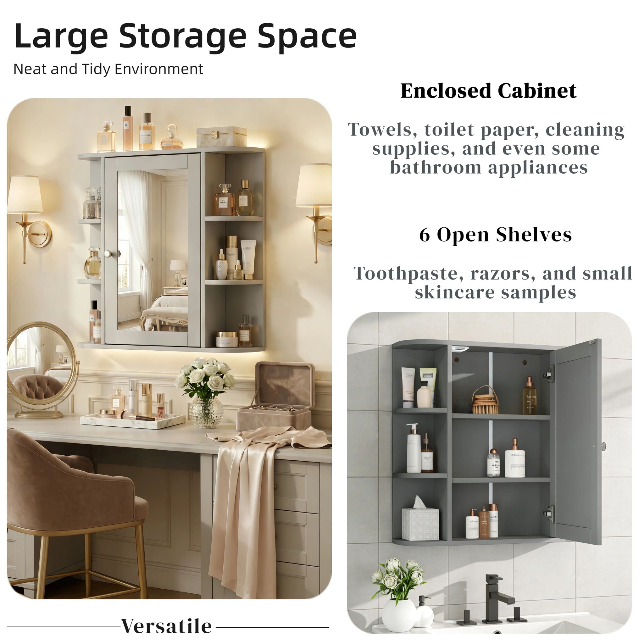 Bathroom Wall Storage Cabinet With Mirror And Adjustable Shelf, 6 Open Shelves