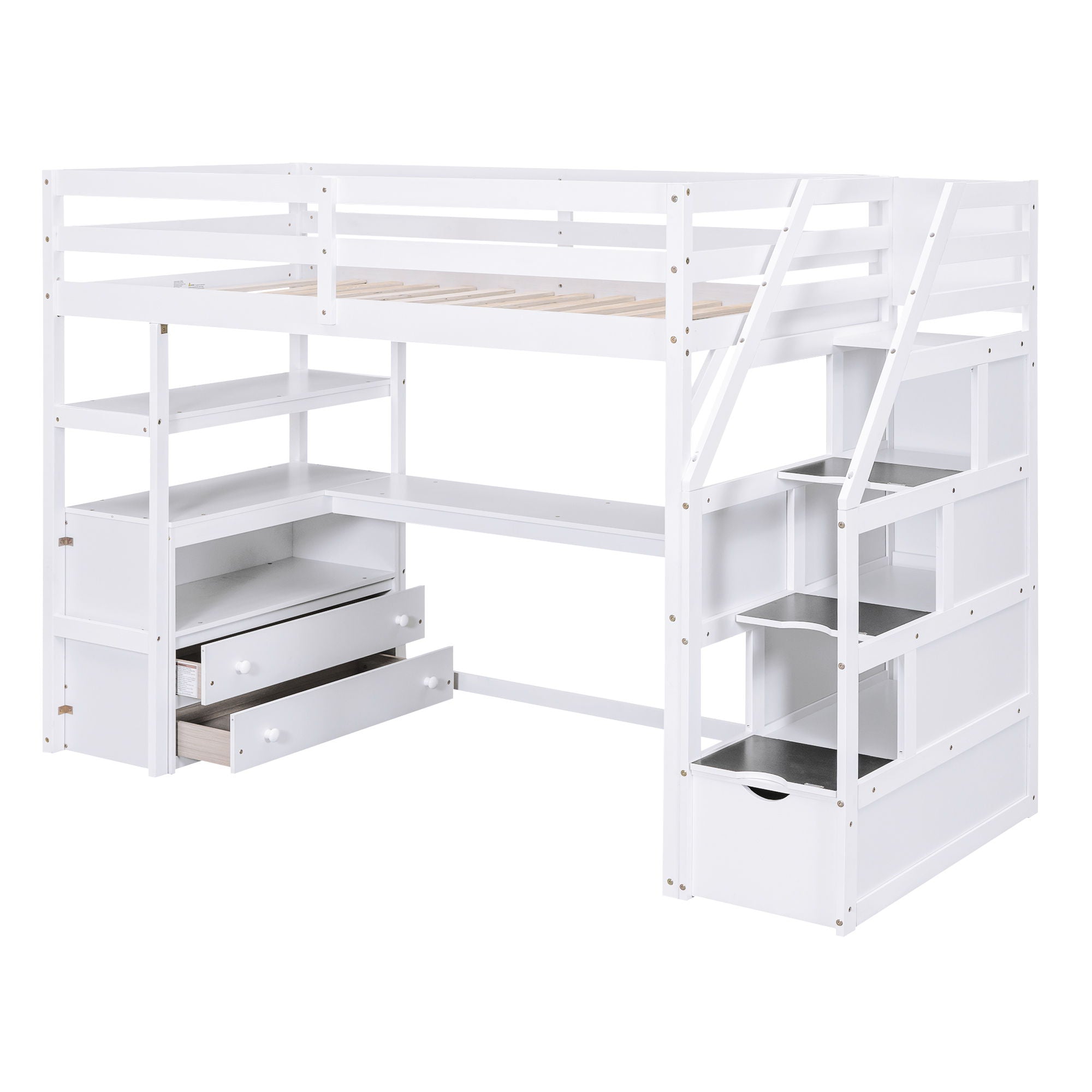 Loft Bed With Desk, Shelves, 2 Drawers, Storage Staircase