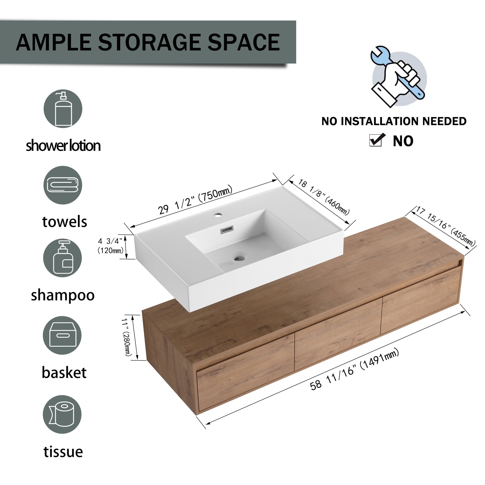 Modern Wall Mounted Bathroom Vanity With Resin Sink And Soft Close Drawer