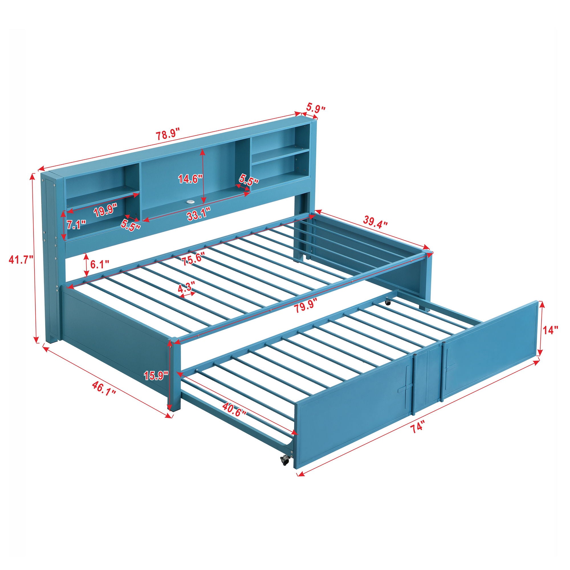 Industrial Metal Daybed With Trundle, Storage Shelves, USB Ports