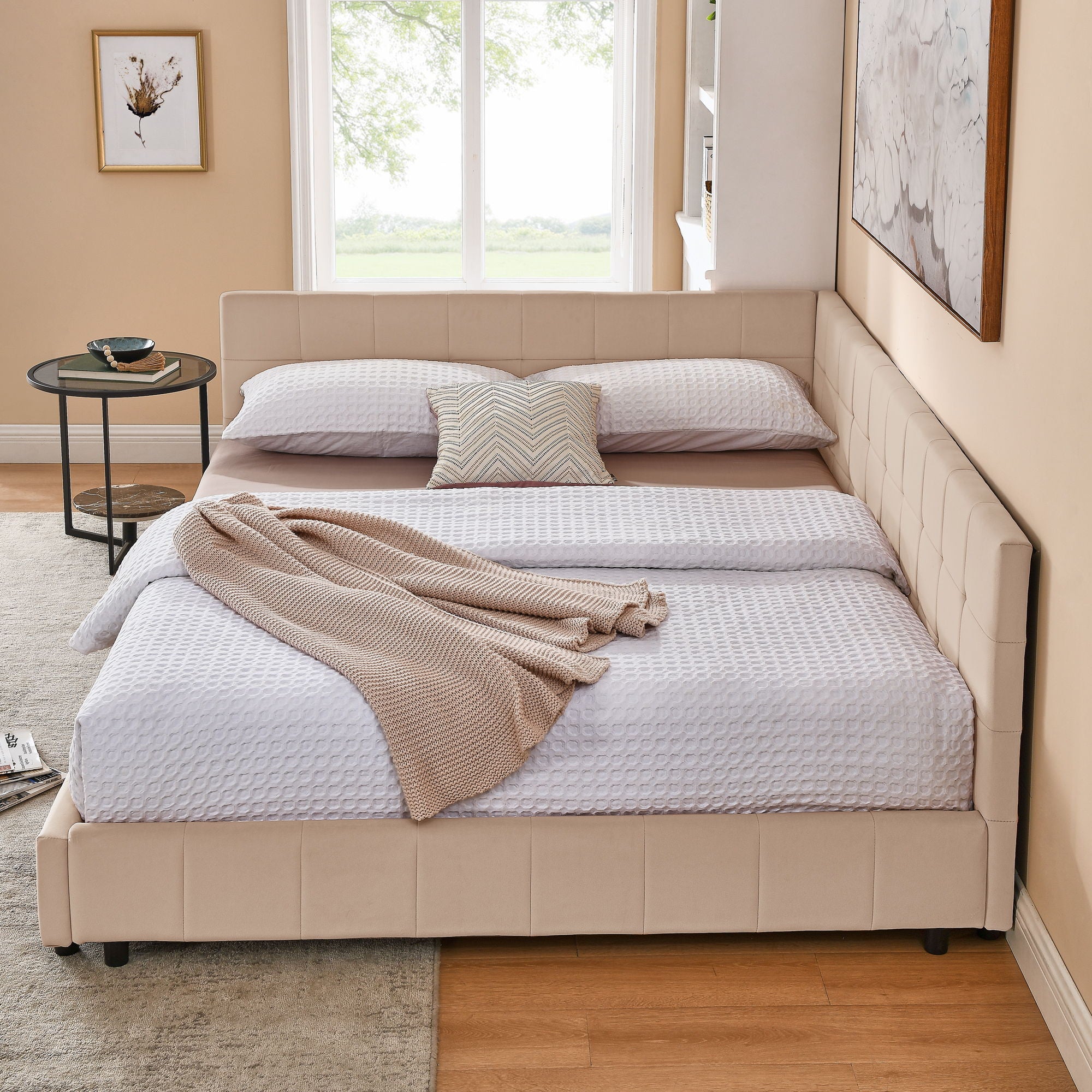 Mid-Century Storage Upholstered Tufted Bed Frame With Backrest And Armrests