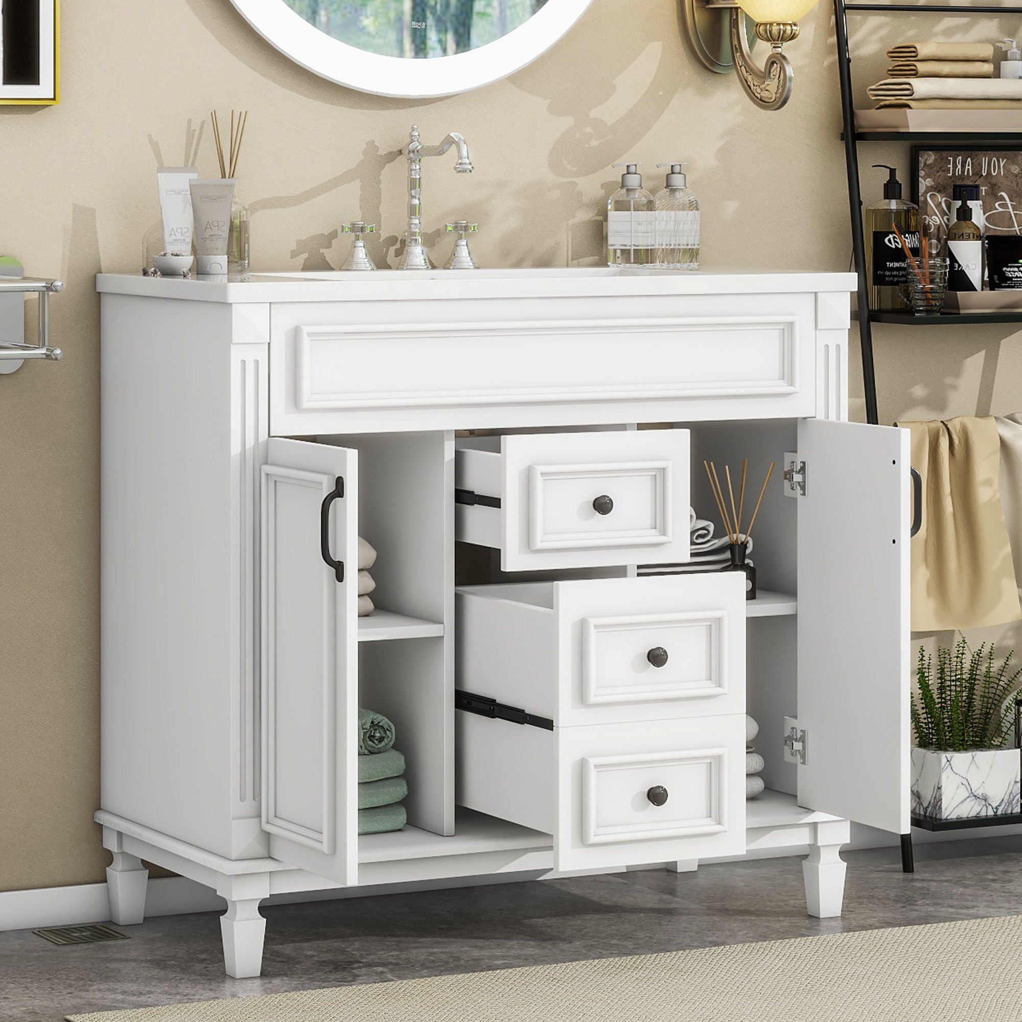 Bathroom Vanity With Top Sink, Basin On Cabinet With 2 Soft Closing Doors And 2 Drawers