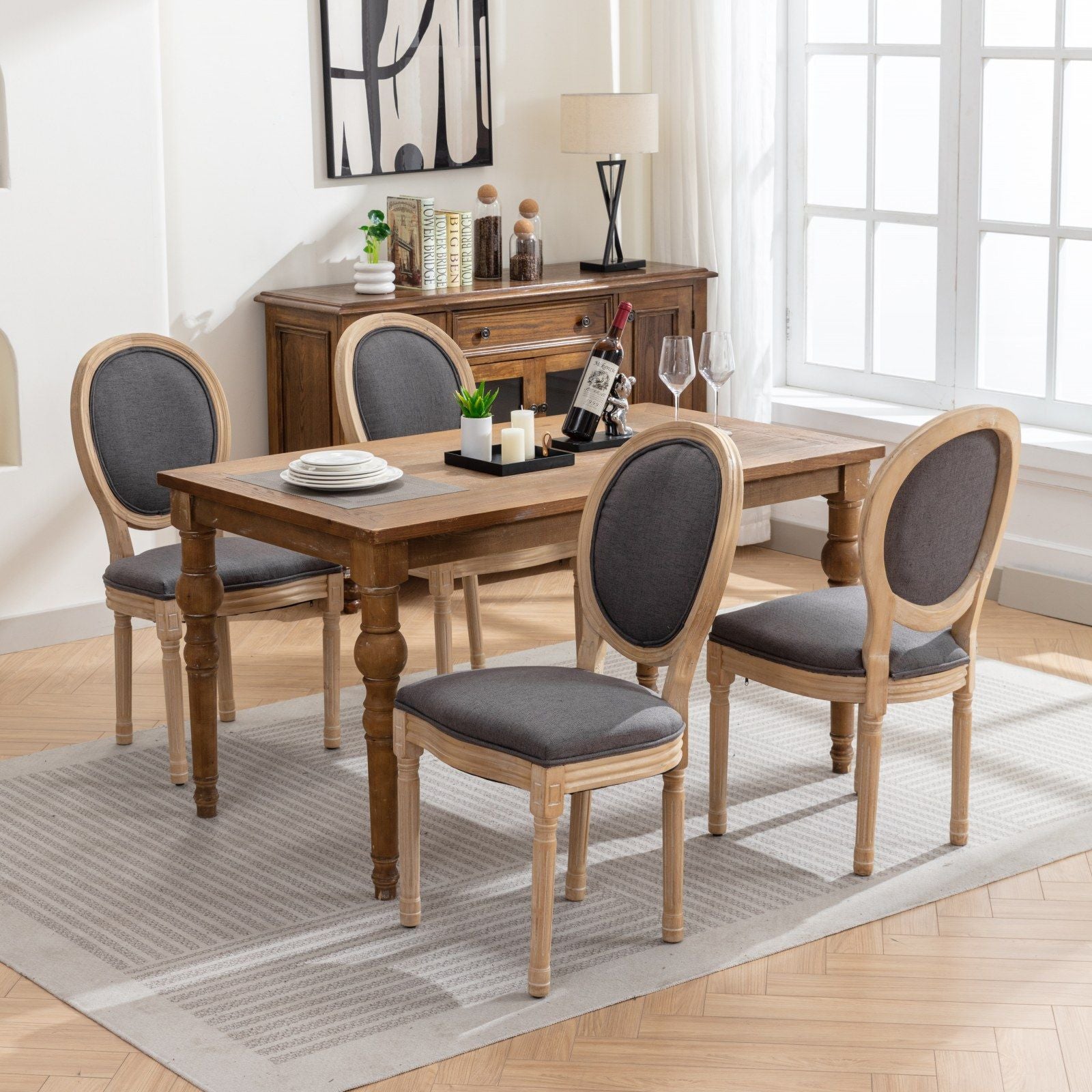 French Style Solid Wood Frame Antique Painting Fabric Back Dining Chair (Set of 2)