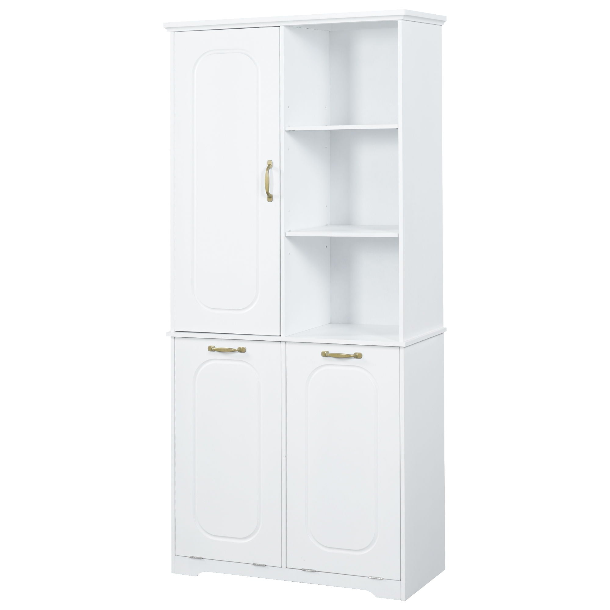 Freestanding Tall Storage Cabinet With 2 Tilt Out Hampers, Adjustable Shelves, Soft Close Door, Door Mounted Organizer - White