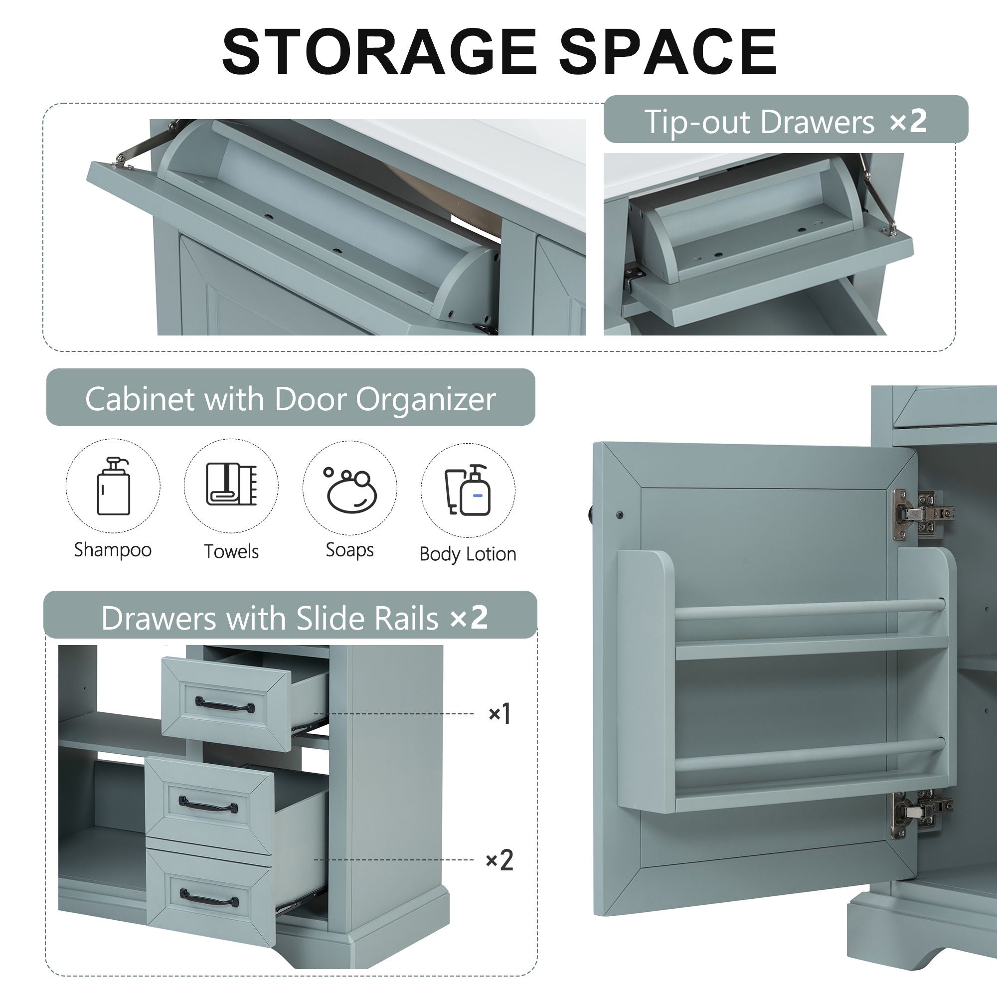 36" Bathroom Vanity With Sink, 2 Tip Out Drawers, Soft Close Hinges