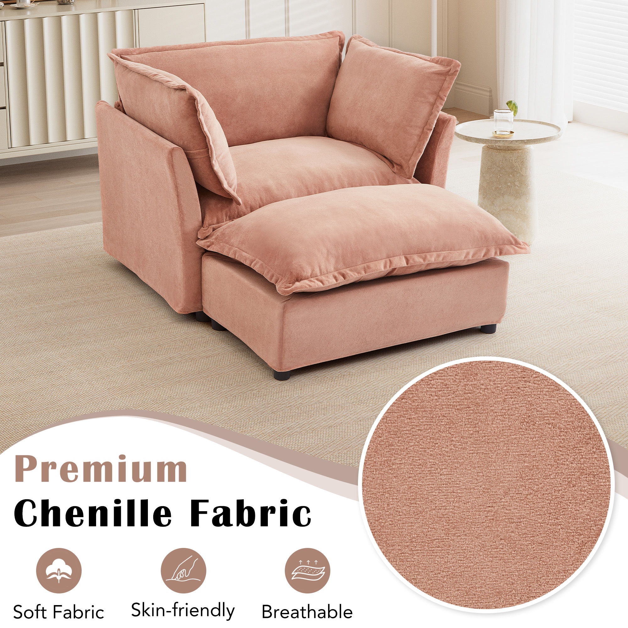 Modern Cozy Upholstered Armchair Sofa With Movable Ottoman