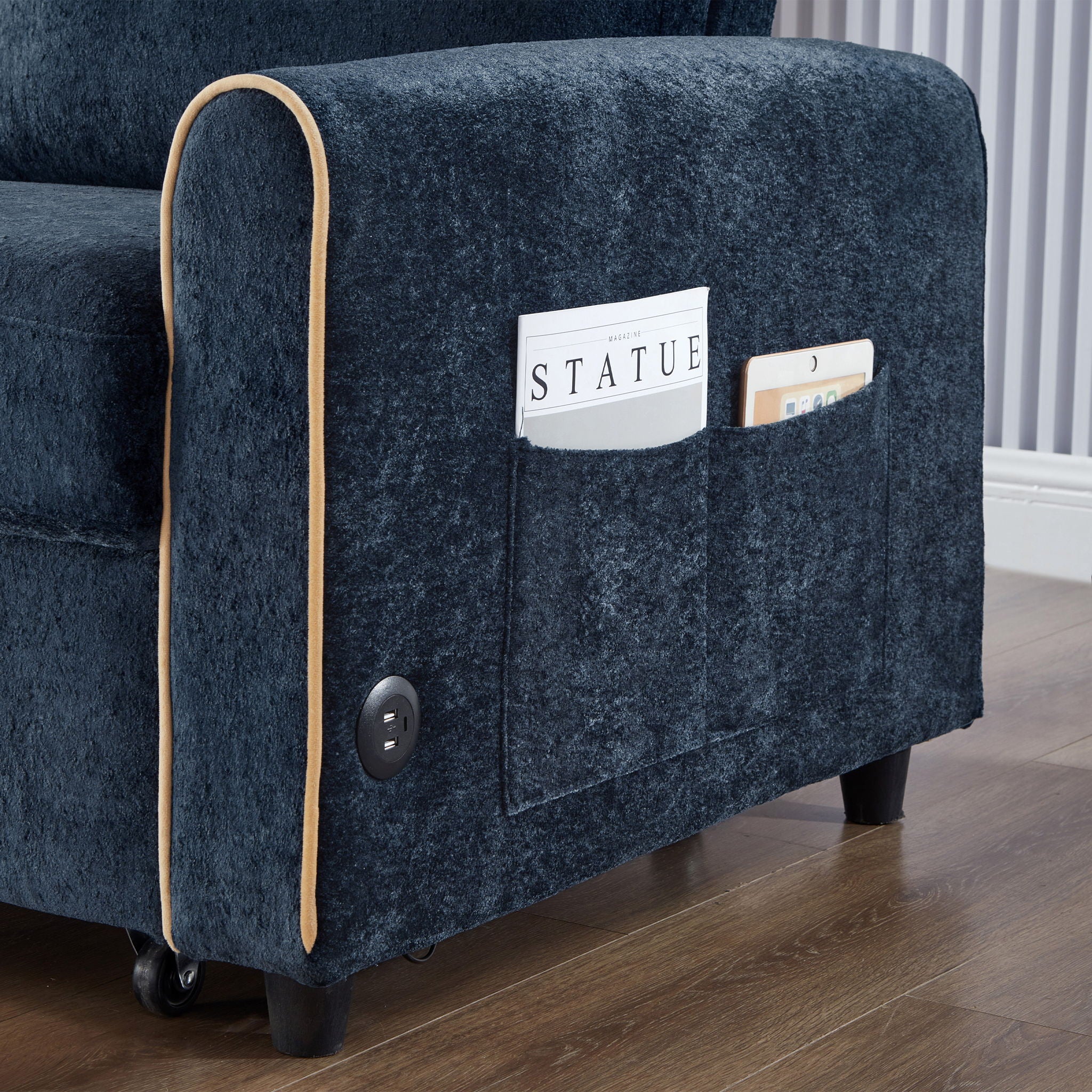 Pull Out Sofa Bed With Adjustable 3 Position Backrest, USB Charging Ports, Side Pockets