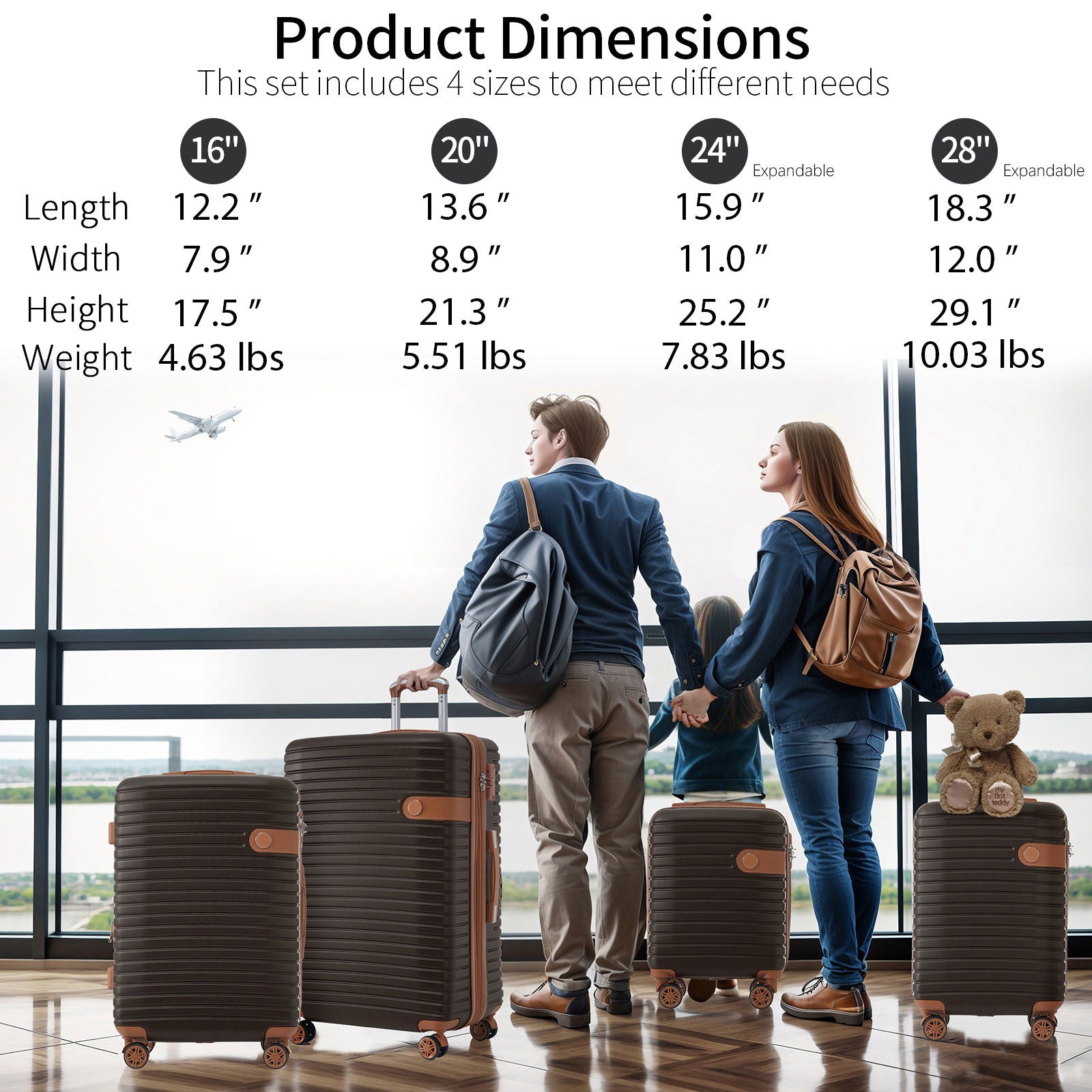 4 Piece Luggage Set Suitcase Set, Abs Hard Shell Lightweight Expandable Travel Luggage With 4 Packing Cubes, Tsa Lock, Spinner Wheels (16 / 20 / 24 / 28) - Coffee