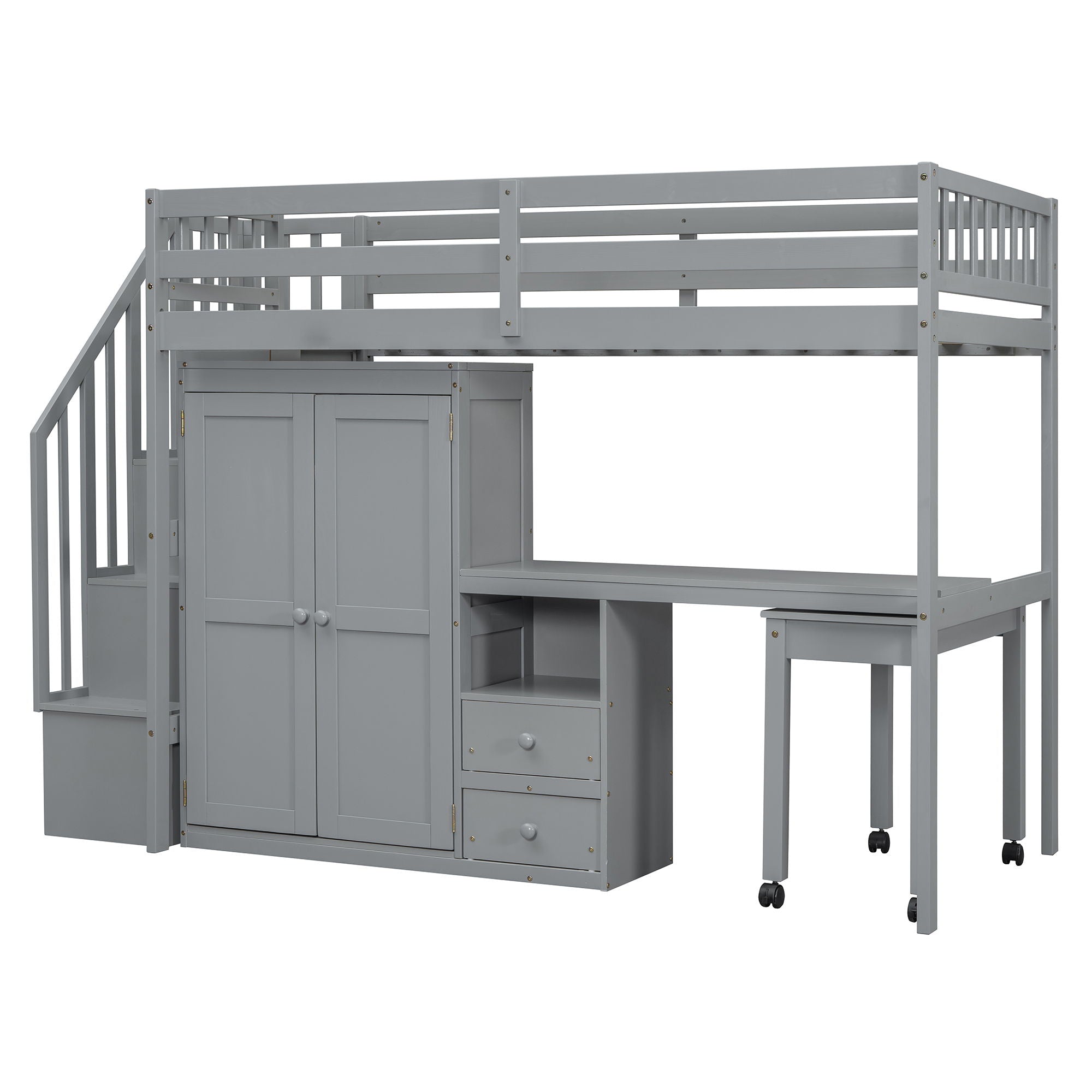 Loft Bed With Stairs, Bookshelf, Drawers, Desk & Wardrobe, Space Saving Multifunctional Furniture