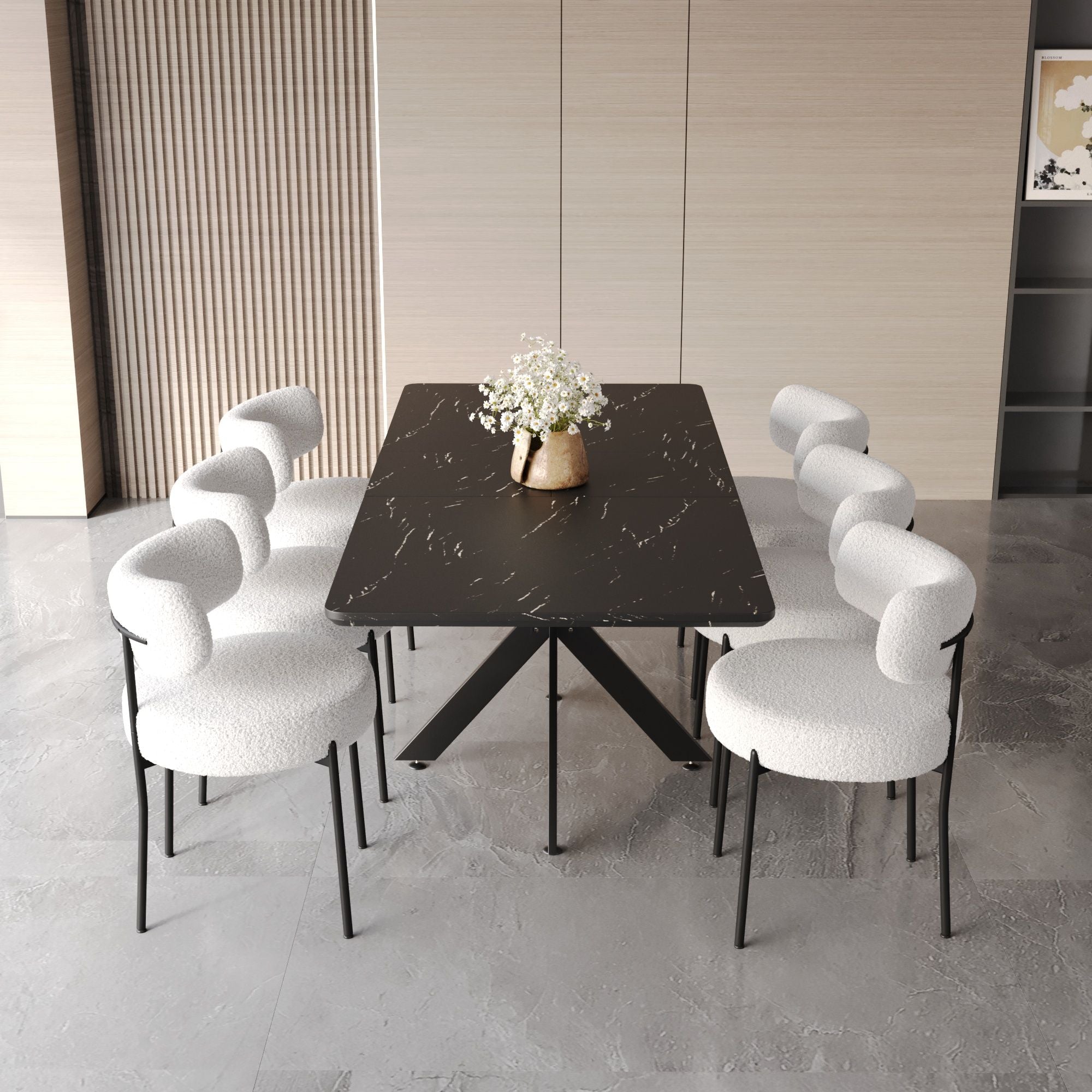 Extendable Dining Table Set With Curved Backrest Upholstered Chairs
