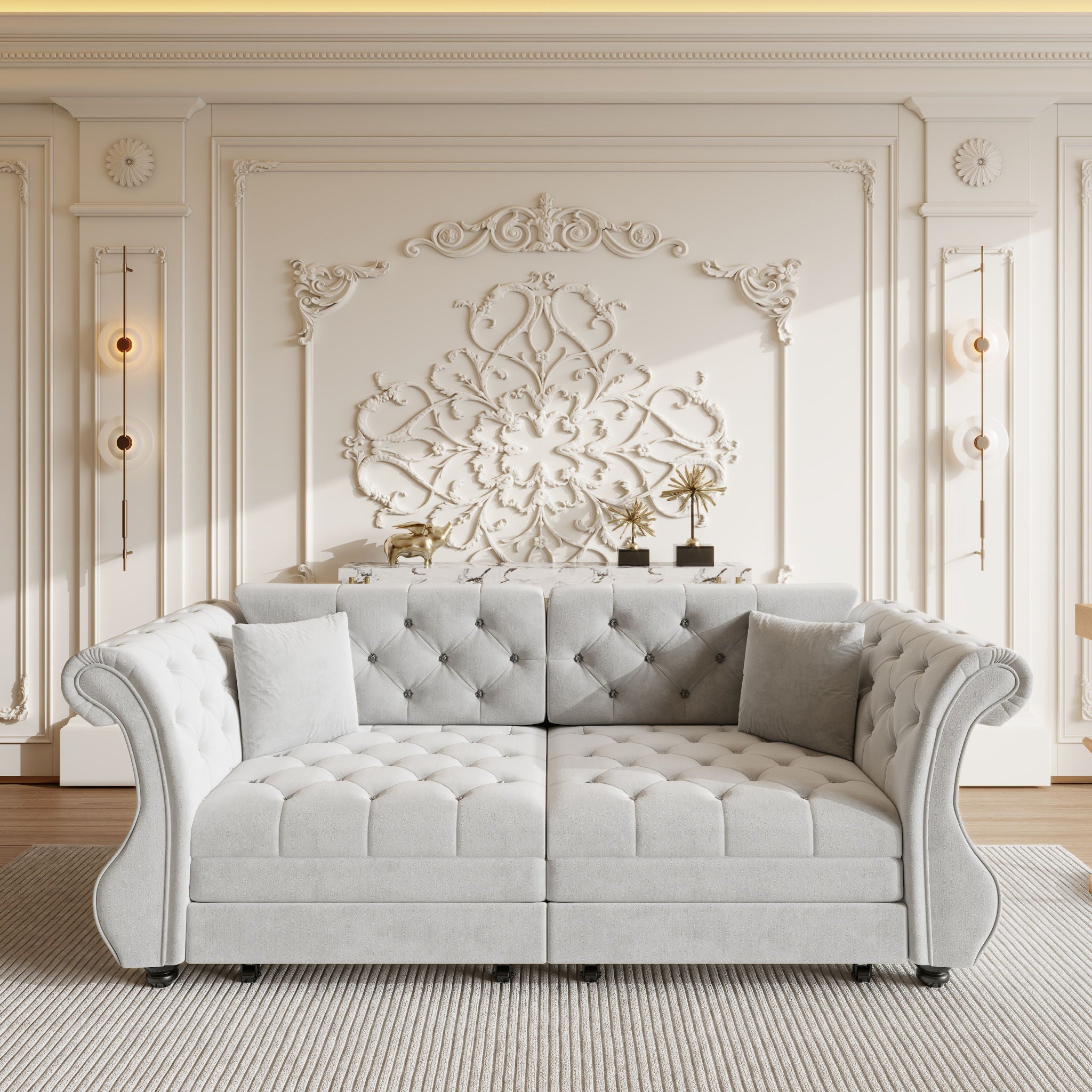 Oversized Chesterfield Pull Out Sofa Bed, Roll Arm Couch With Flower Tufting For Living Room