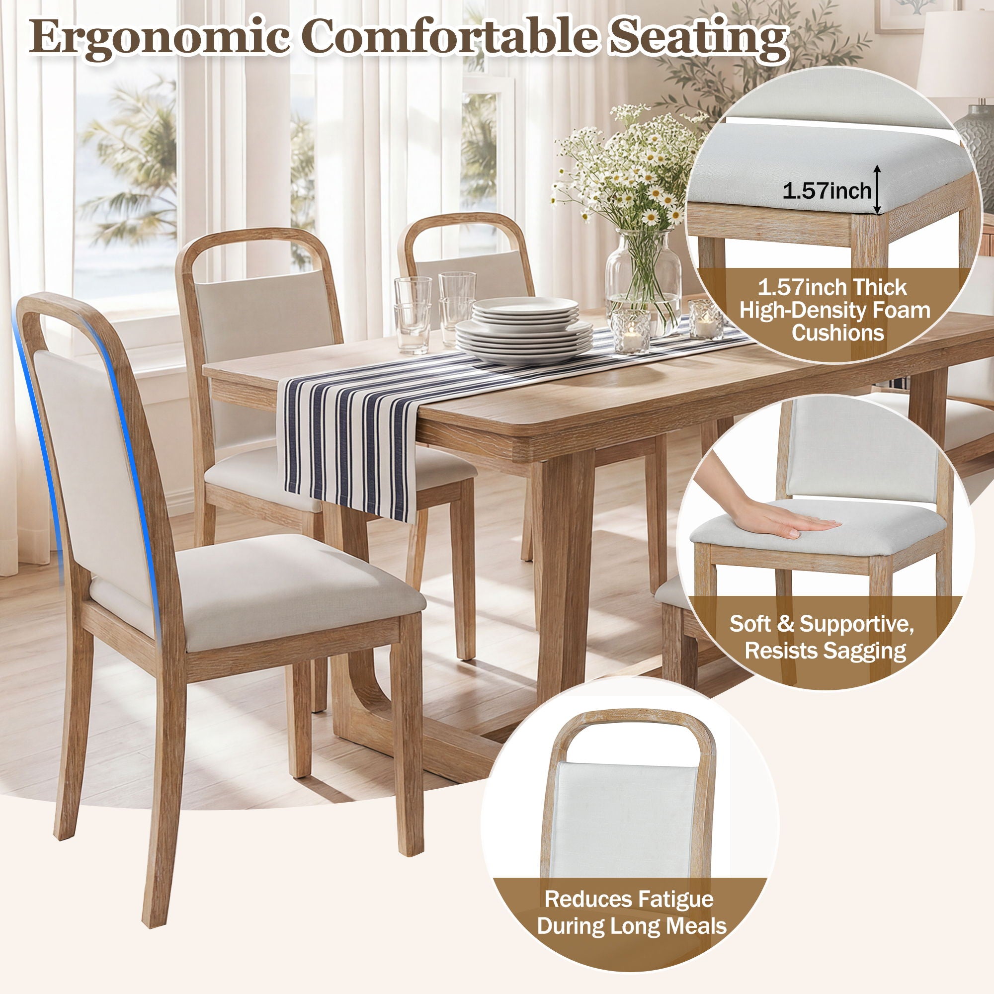 Farmhouse Dining Set With 4 Upholstered Chairs & 1 Bench