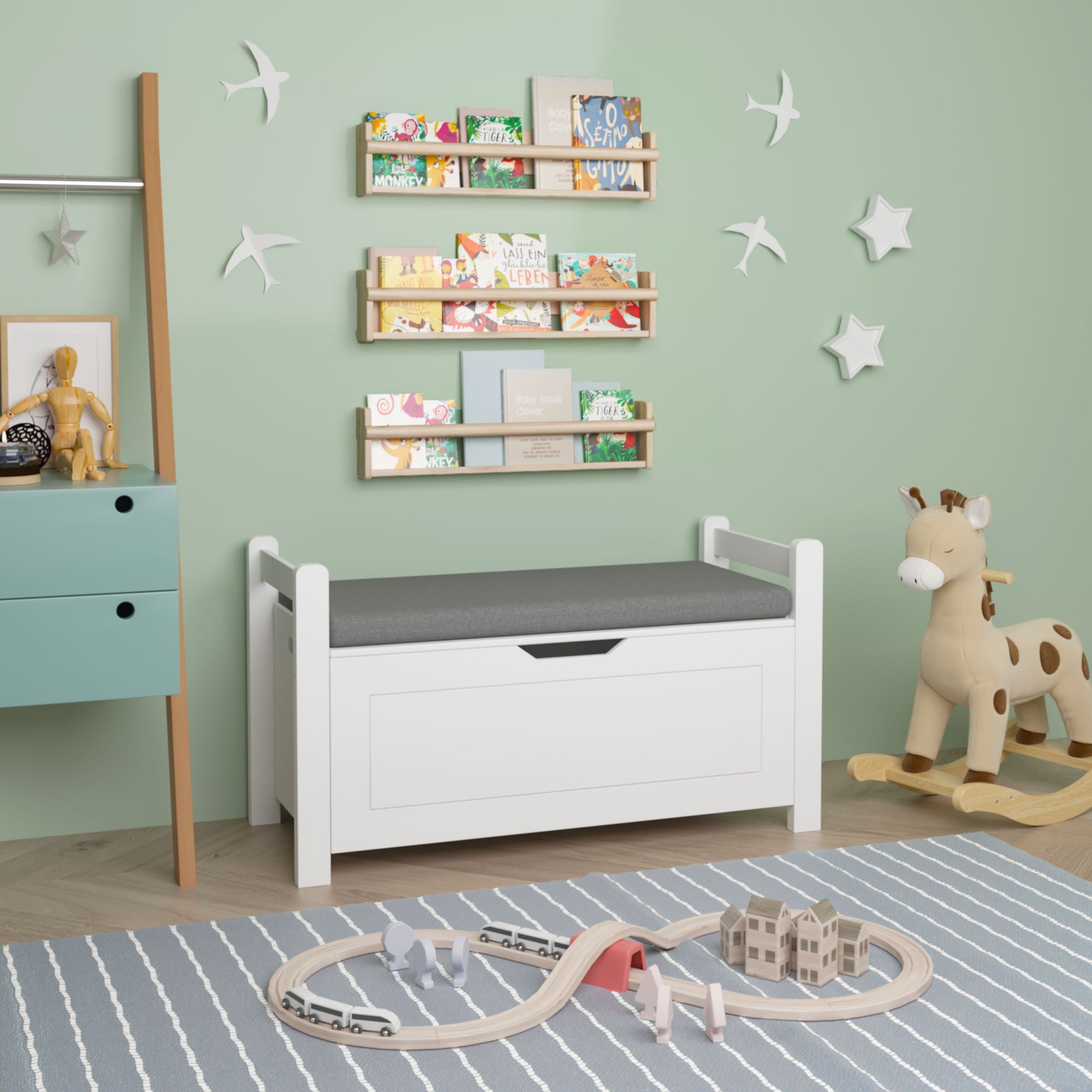Kids Toy Box Chest Storage Cabinet With Cushion Seat Bench Flip Top Lid Safety Hinge - White