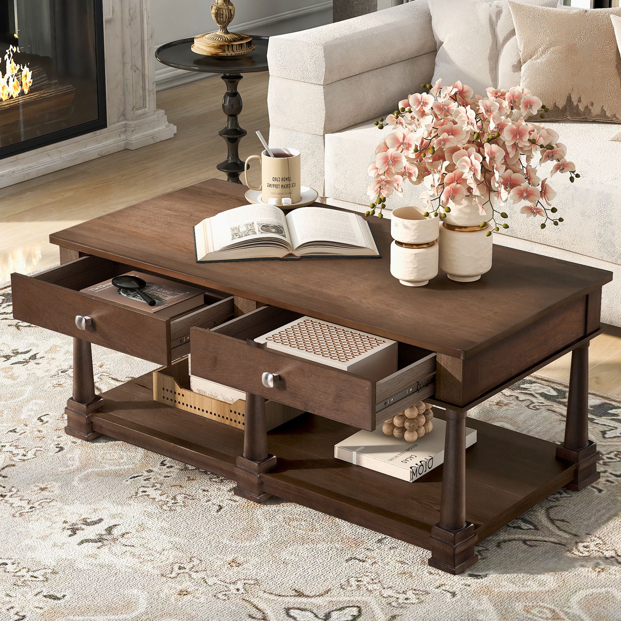 Coffee Table With 2 Storage Drawers & Lower Open Shelf