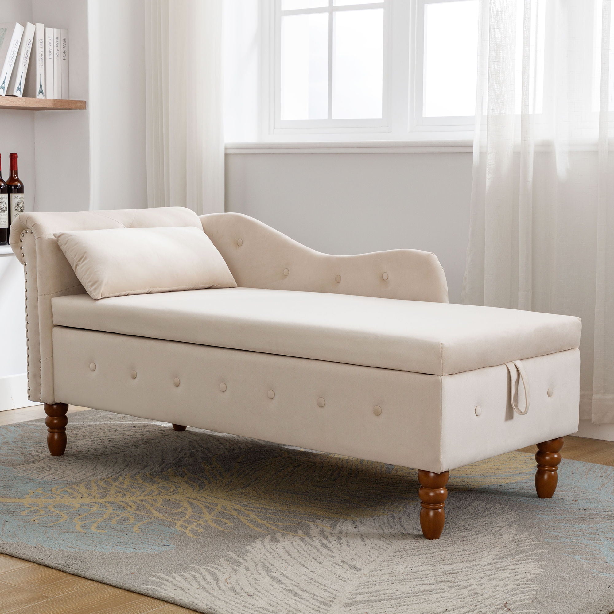 Chaise Lounge Indoor, Lounge Chair For Bedroom With Storage & Pillow, Modern Upholstered Rolled Arm Chase Lounge For Sleeping With Nailhead Trim For Living Room Bedroom Office