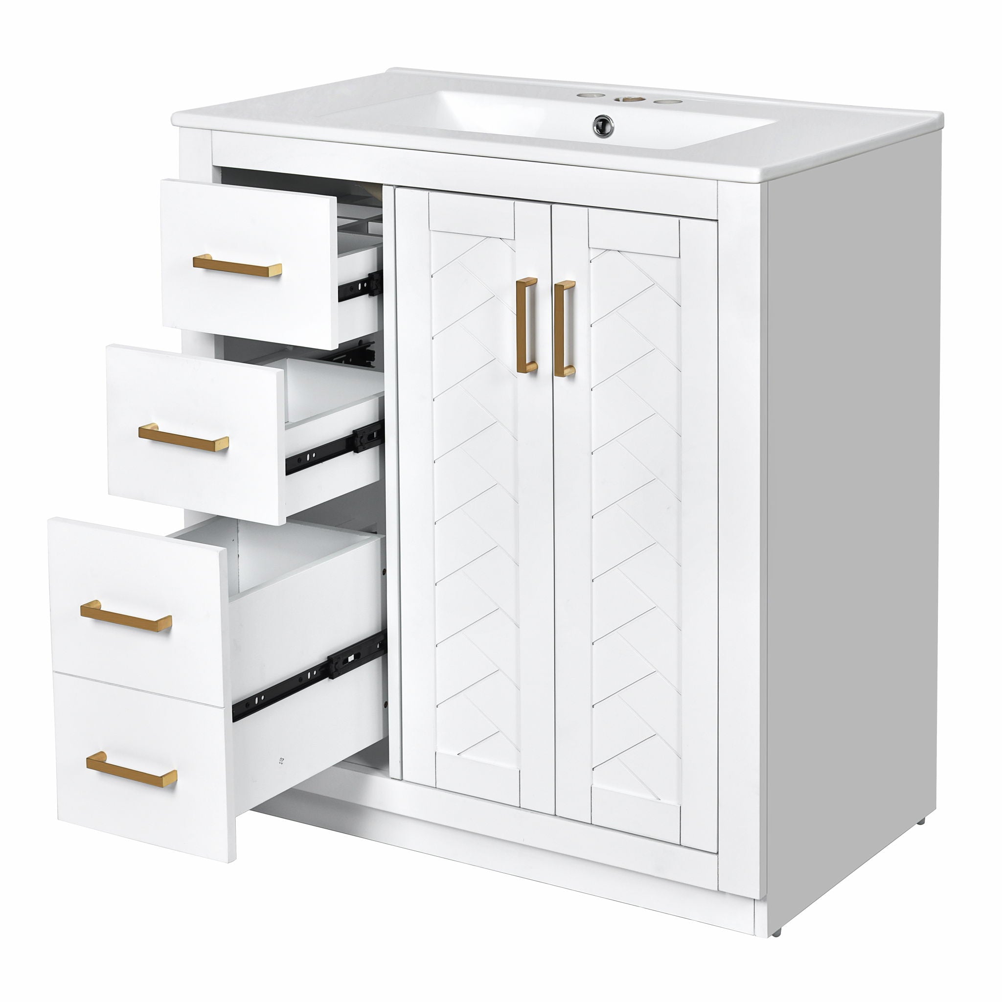 Ceramic Sink Combo, Freestanding Vanity Set With 3 Drawers & Soft Closing Doors