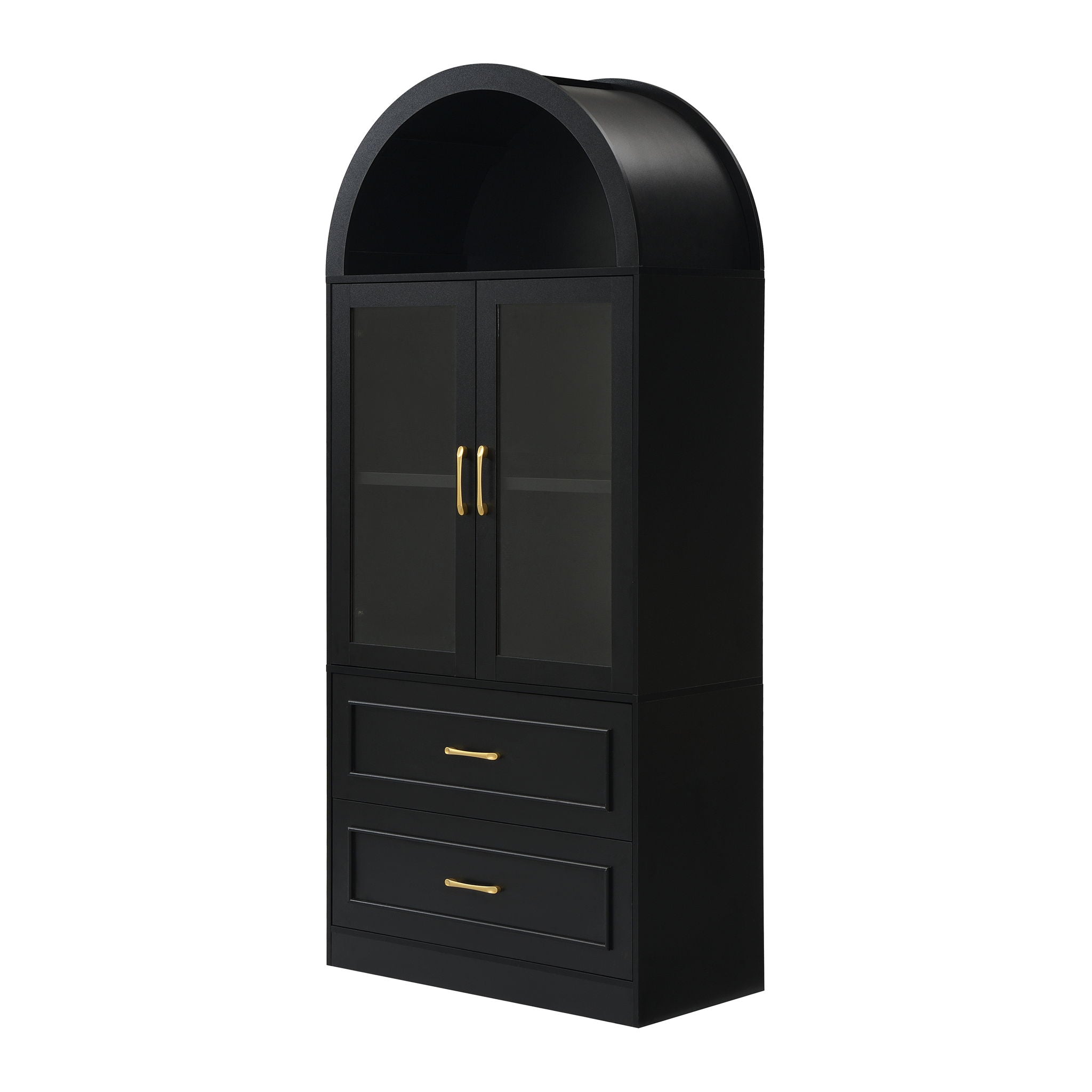Arched Top Storage Cabinet With Fixed 2 Tier Shelves, 2 Large Drawers