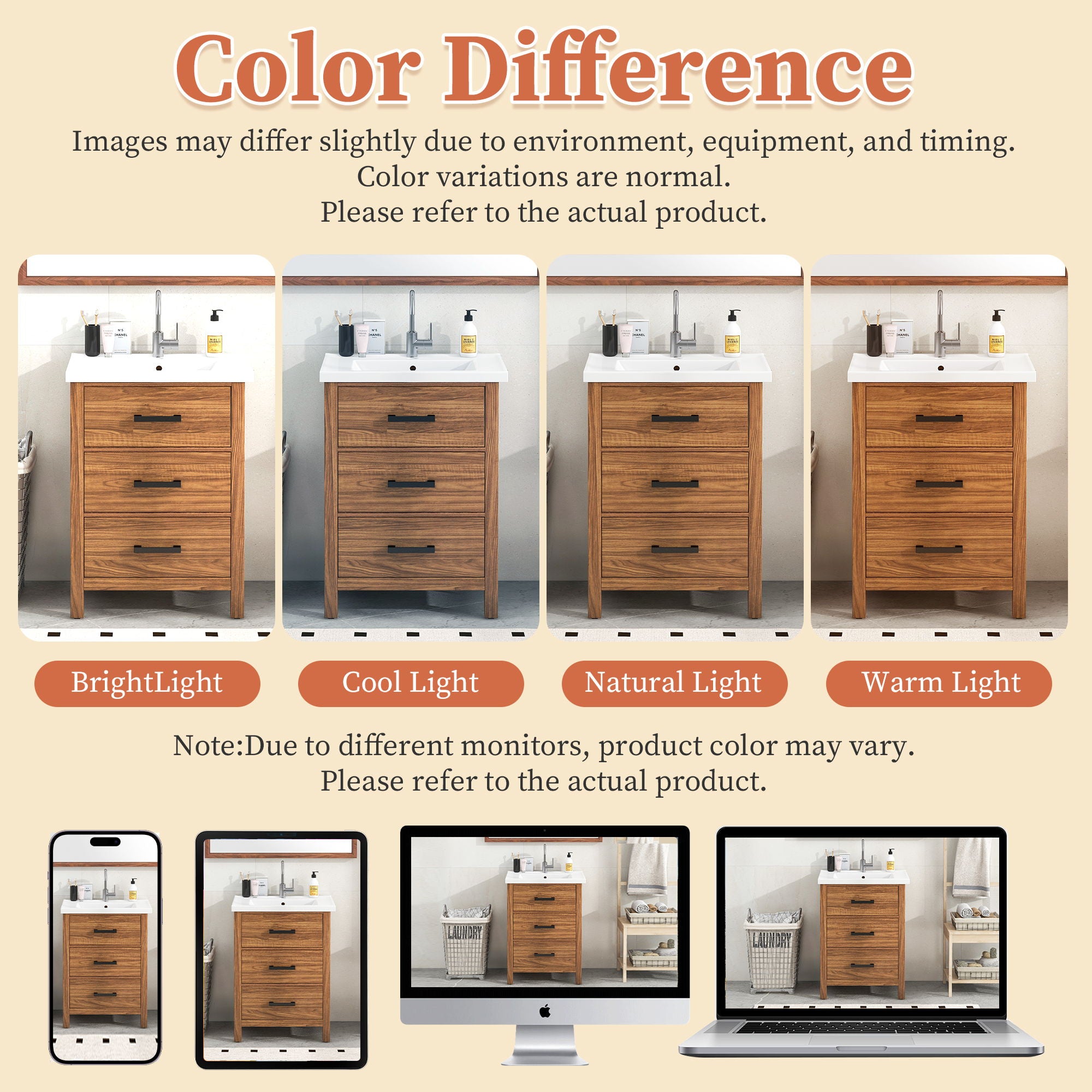 24'' Bathroom Vanity With Basin Sink, 3 Drawer Storage Cabinet - Natural Wood