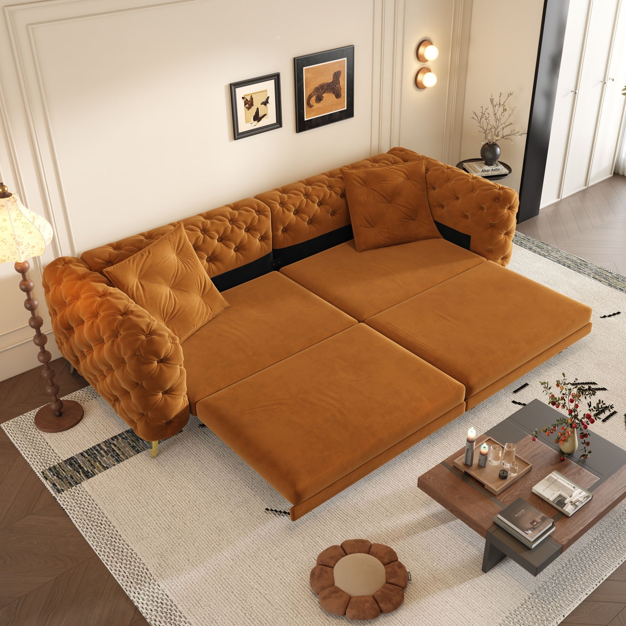 3 In 1 Convertible Sleeper, Deep Seat Pull Out Sofa Bed, Button Tufted