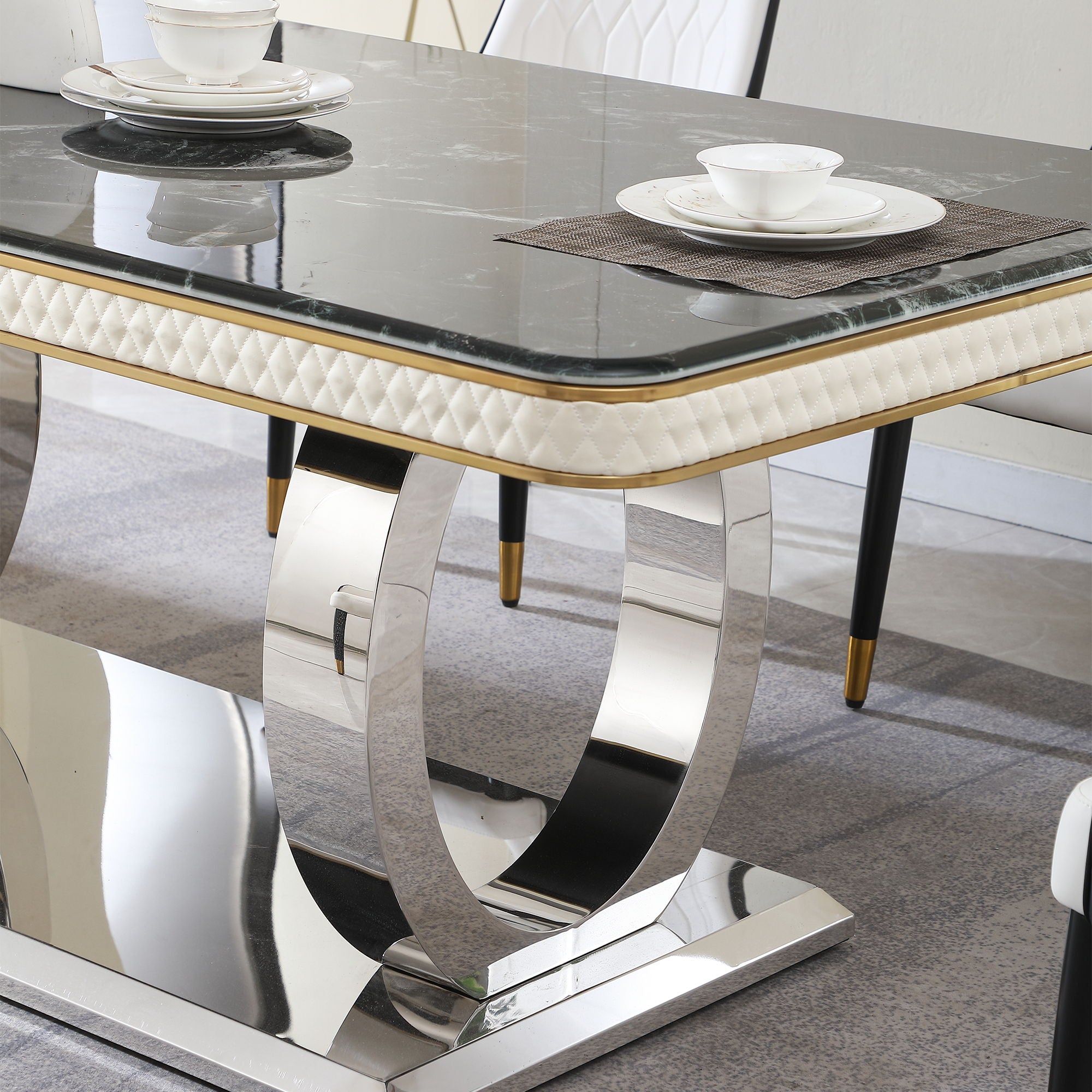 Luxury Modern Dining Table With 6 Chairs Marble Top Titanium Plated Base - Black