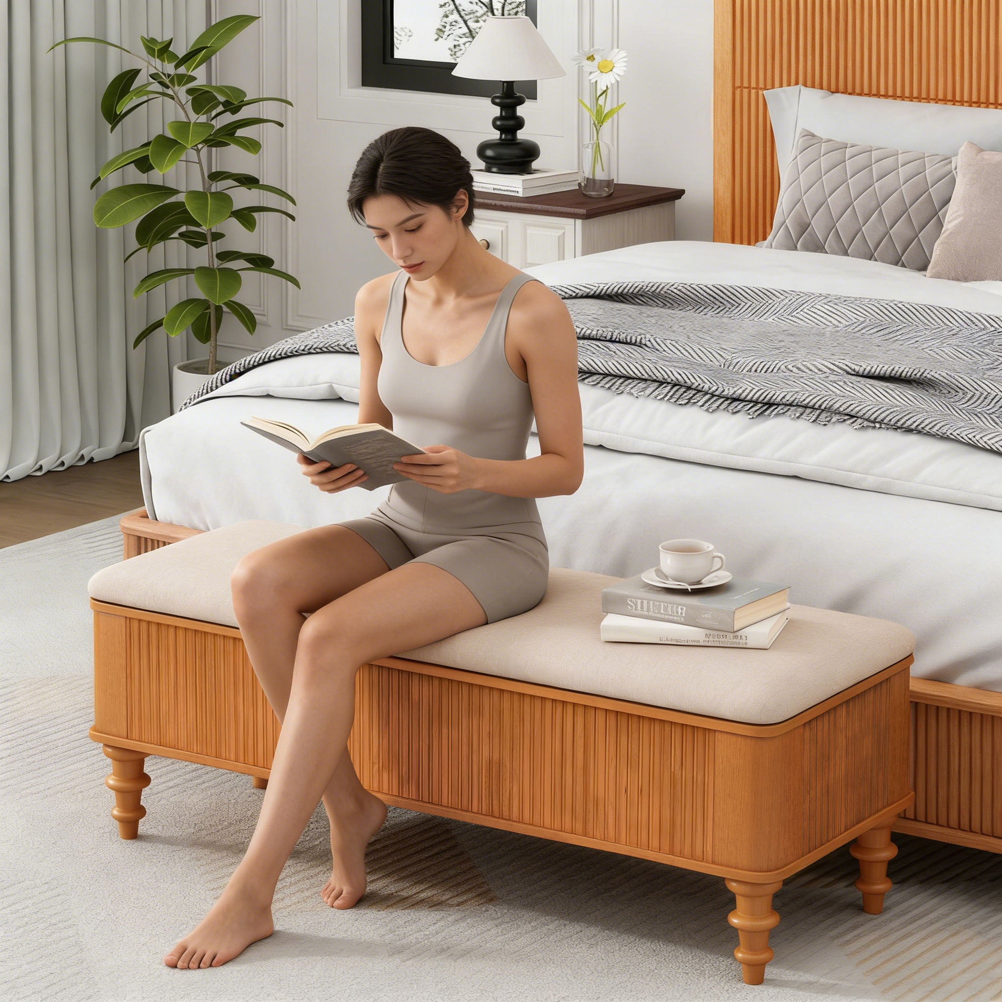 Storage Ottoman Bench For Living Room - Natural