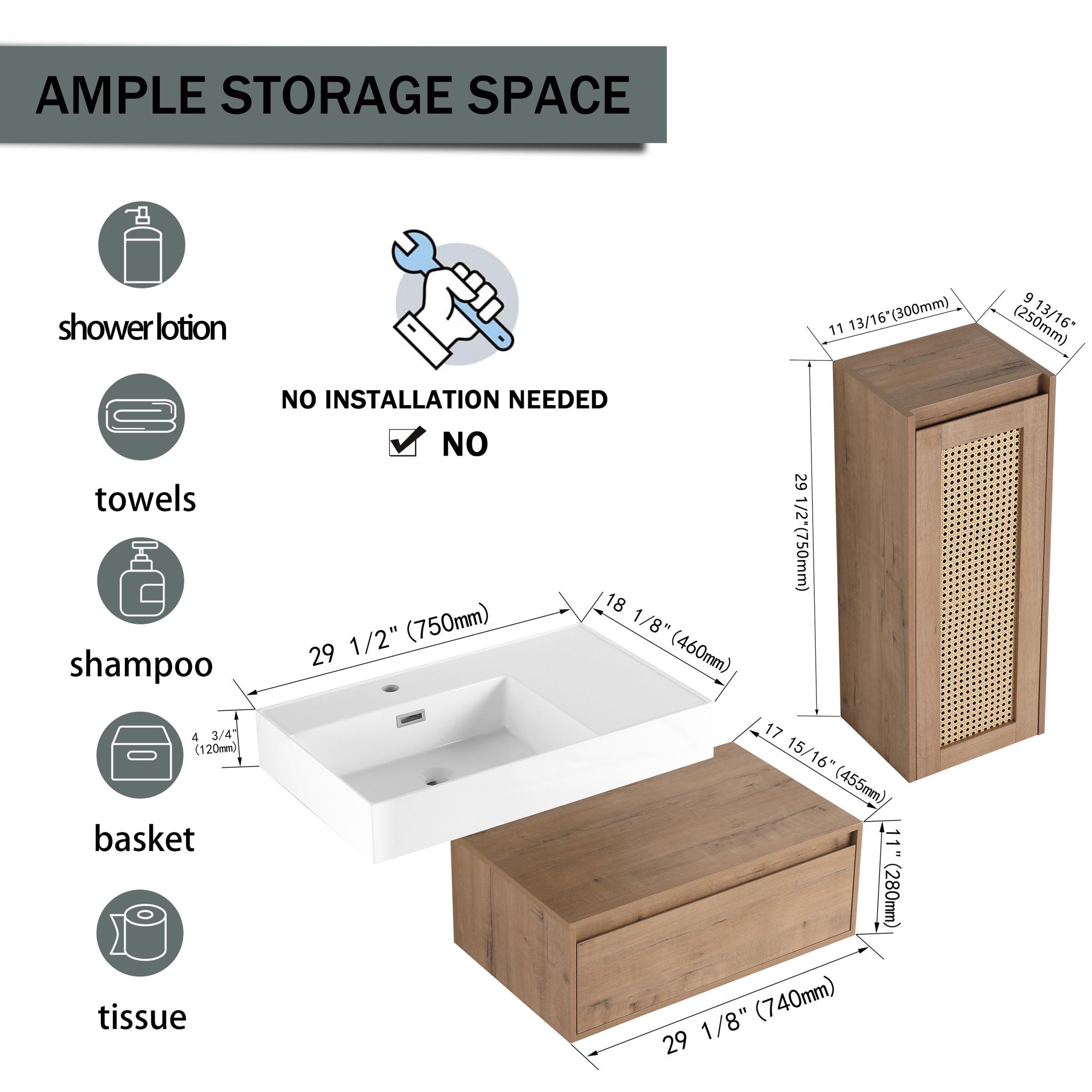 Modern Imitative Wall Mounted Bathroom Vanity With Resin Sink And Side Cabinet