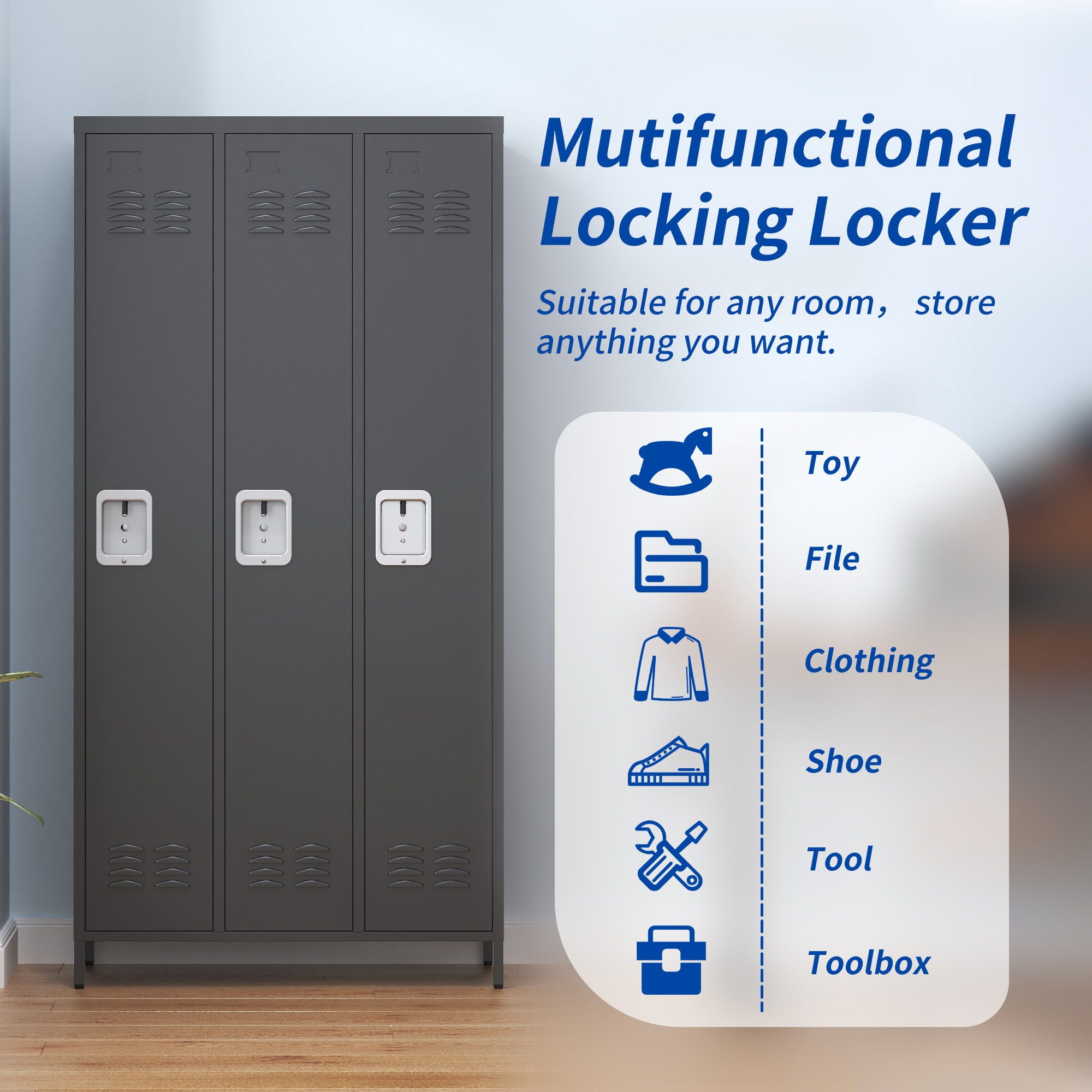 Storage Locker Cabinet With Locks For Employees, Home Gym Office School Garage - Black