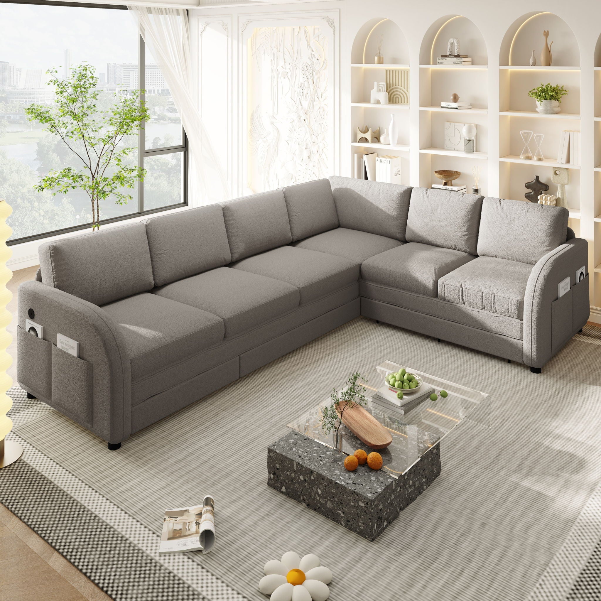 L-Shaped Couch With Pull-Out Bed, Convertible Sleeper Sofa With Side Pocket & USB Port