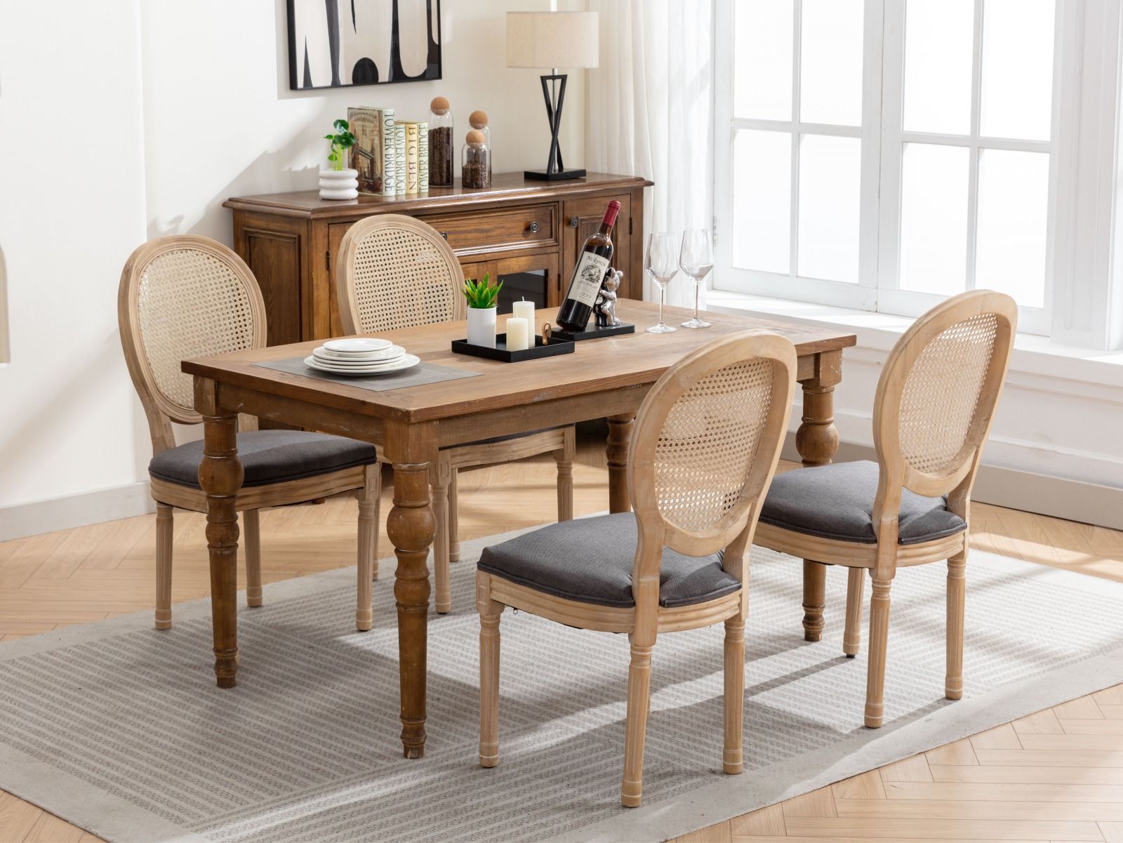 French Style Solid Wood Frame Antique Painting Fabric Rattan Back Dining Chair (Set of 2)