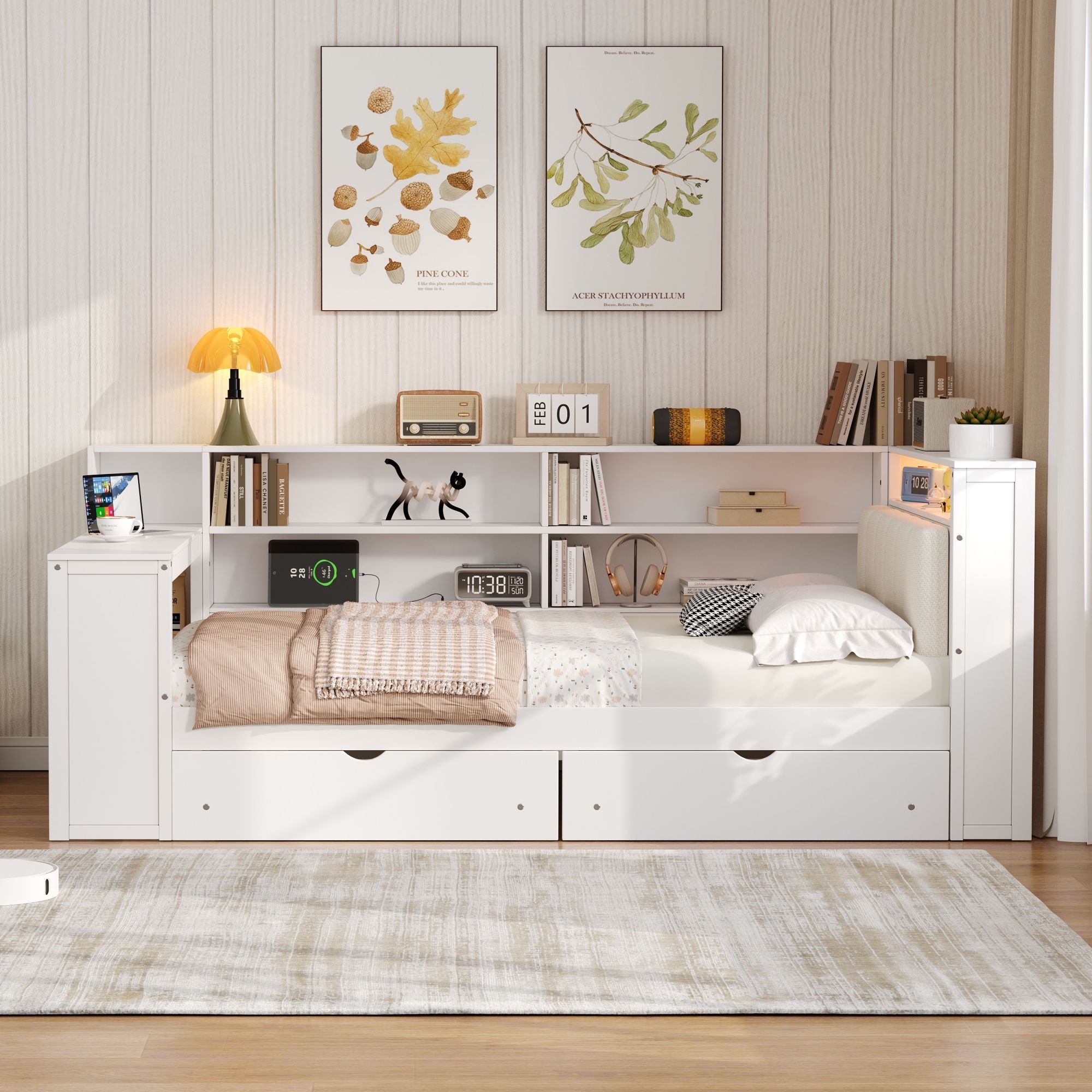 Platform Bed With Storage Shelves, Drawers, Charging Station, LED, Desk
