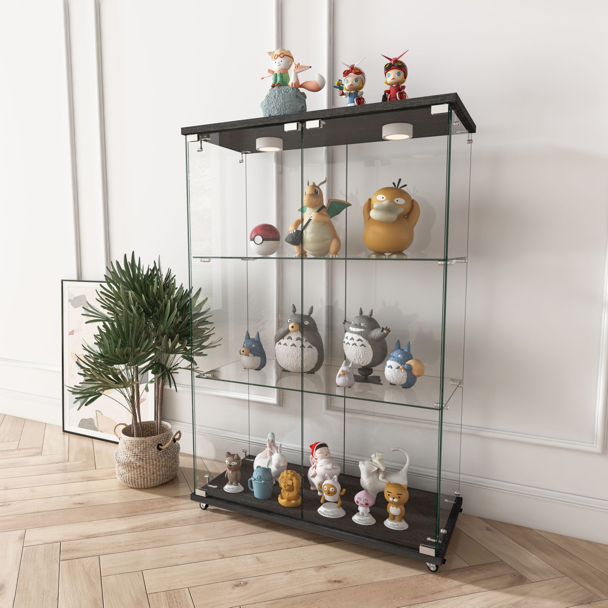 Modern Display Cabinet With LED Lights, Transparent Tempered Glass 2 Door Storage Case With 3 Shelves