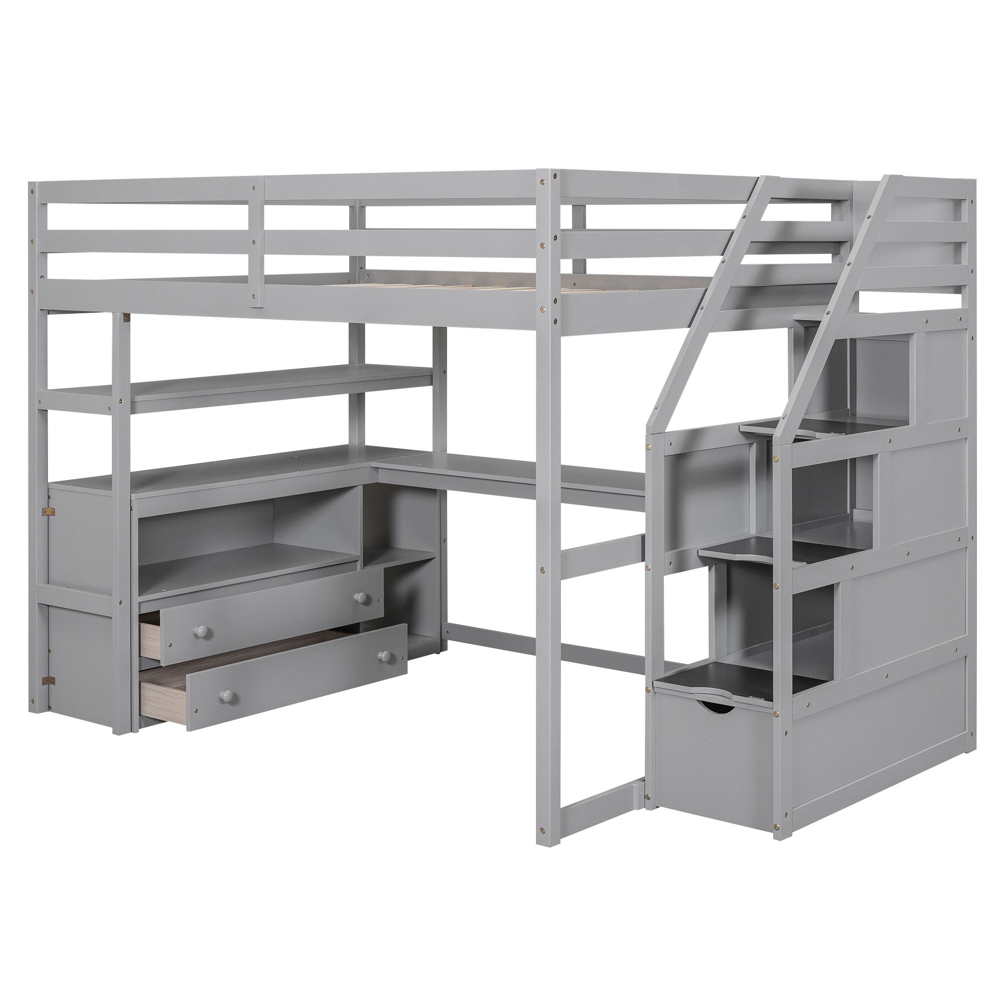 Loft Bed With Desk, Shelves, 2 Drawers, Storage Staircase