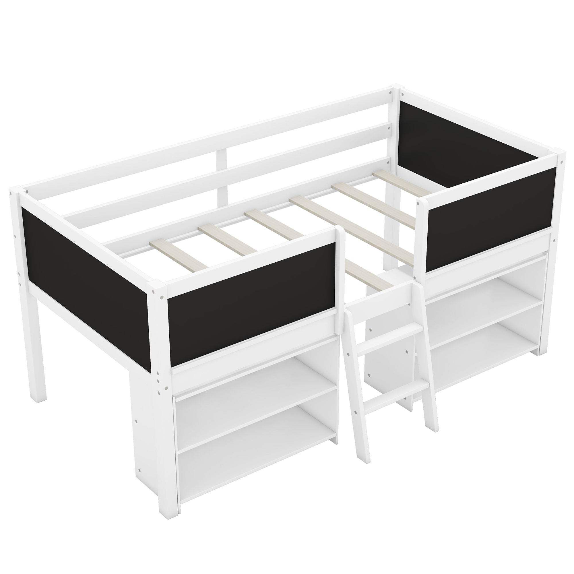 Low Loft Bed With Movable Shelves And Ladder, Decorative Chalkboard Guardrail