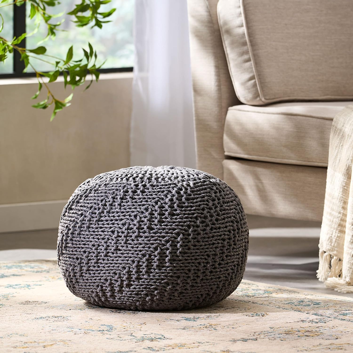 Hazel - Modern Knitted Cotton Yarn Round Pouf With Eco Friendly Pet Fibers - Dark Gray