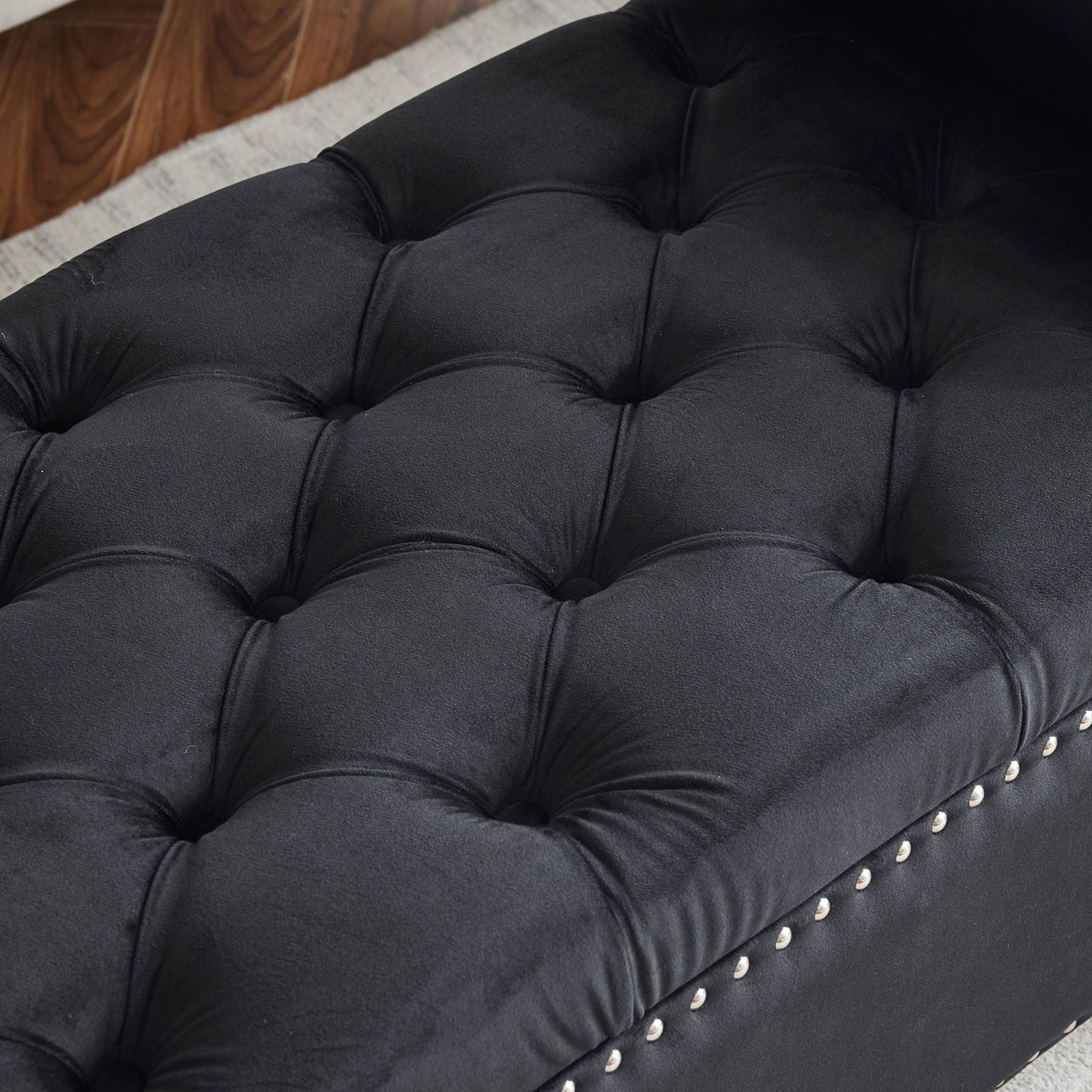 Queen Button Bedside Storage Bench With Armrests, Nailhead Trim