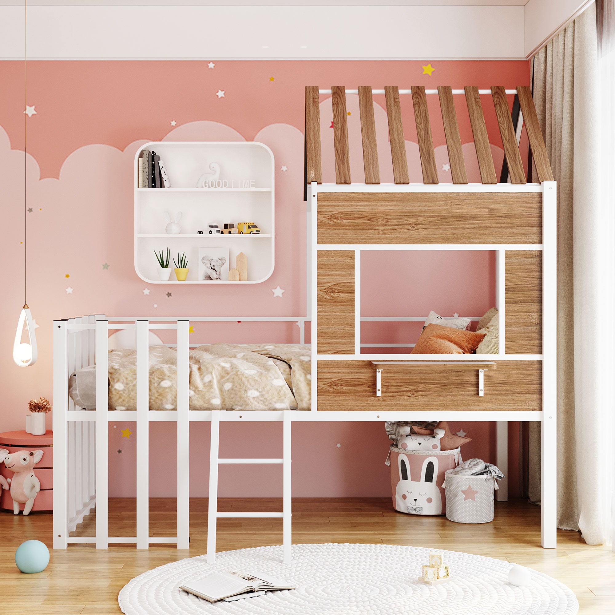 Loft Bed With Roof, Window, Guardrail, Ladder