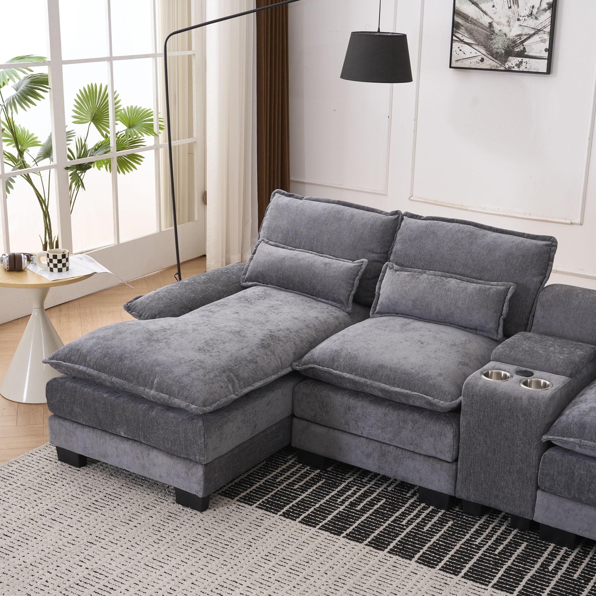 U Shaped Sofa With Console, Cupholders, USB Ports, 6 Seat, Bronzing Suede &