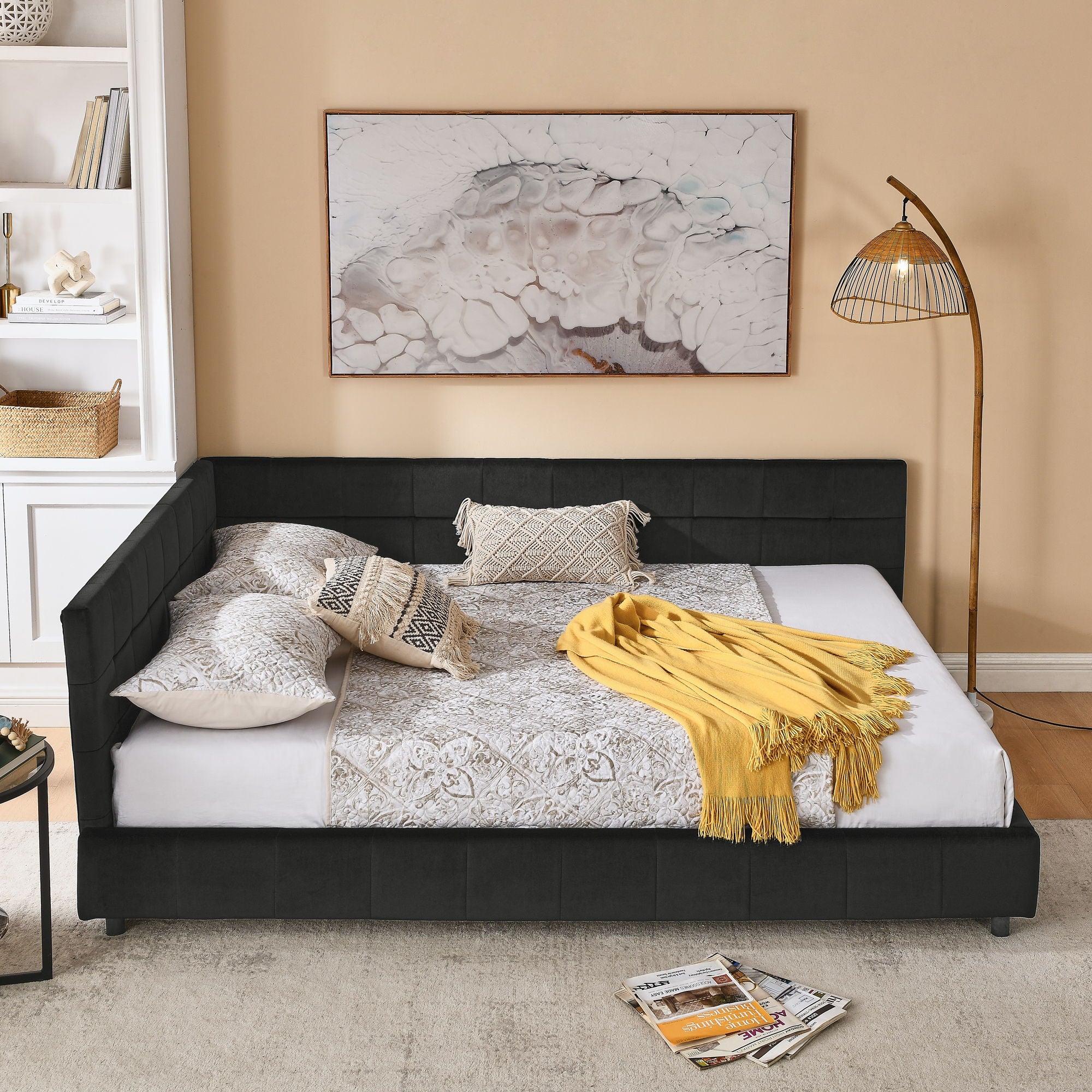Mid-Century Storage Upholstered Tufted Bed Frame With Backrest And Armrests