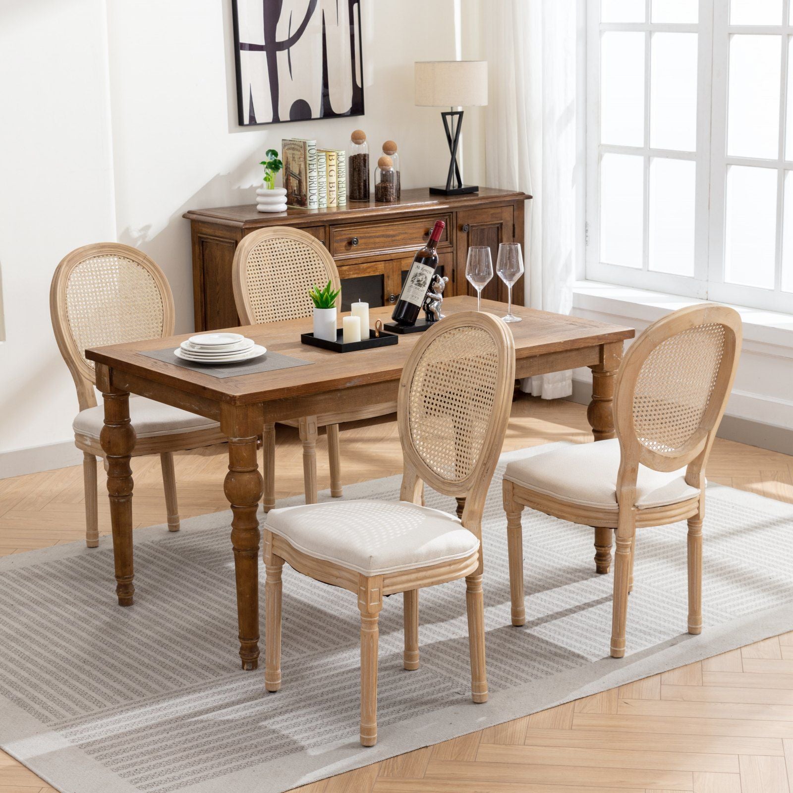 French Style Solid Wood Frame Antique Painting Fabric Rattan Back Dining Chair (Set of 2)