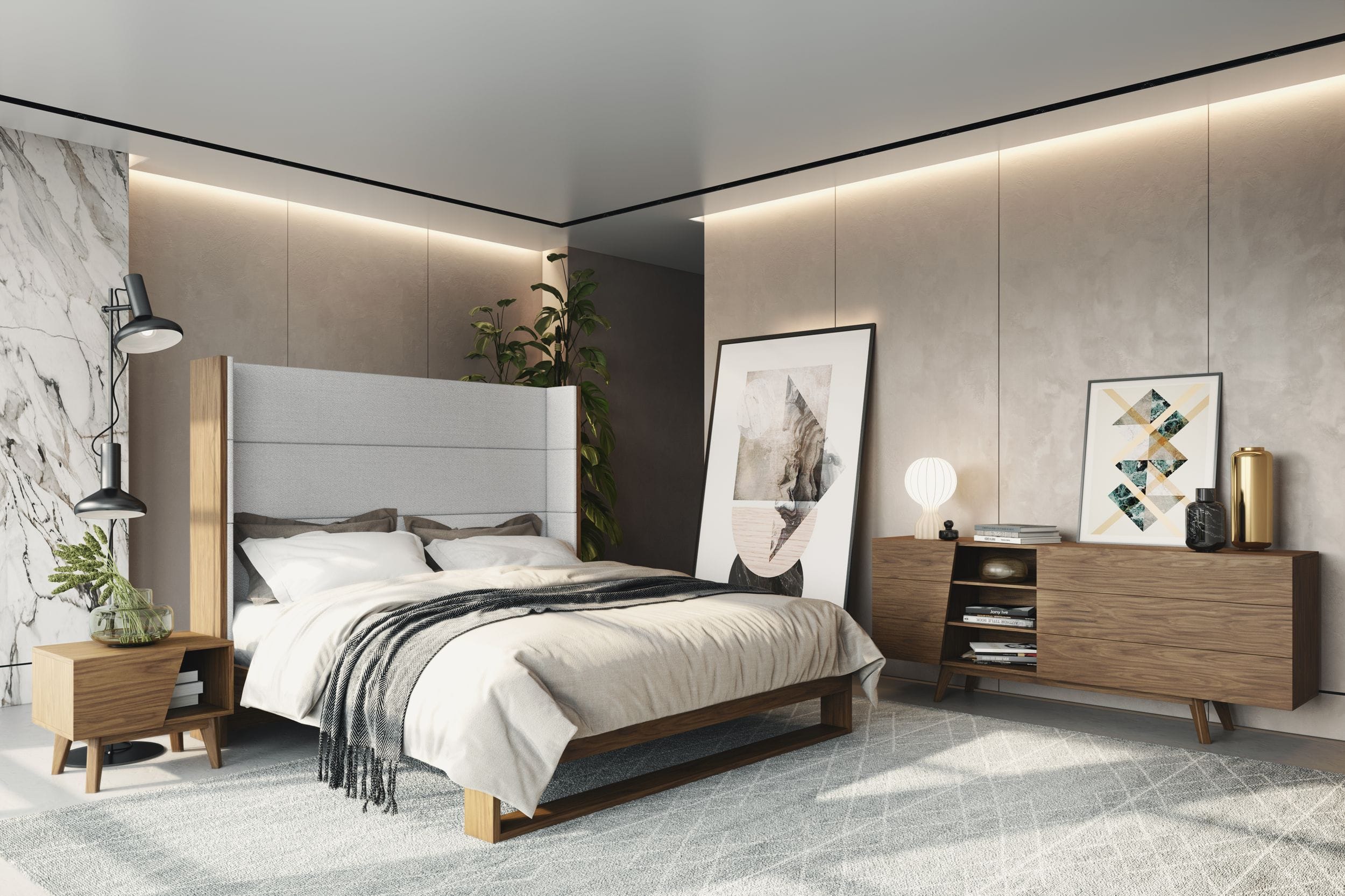 Modrest Heloise - Contemporary Grey Fabric & Walnut Trim Bed