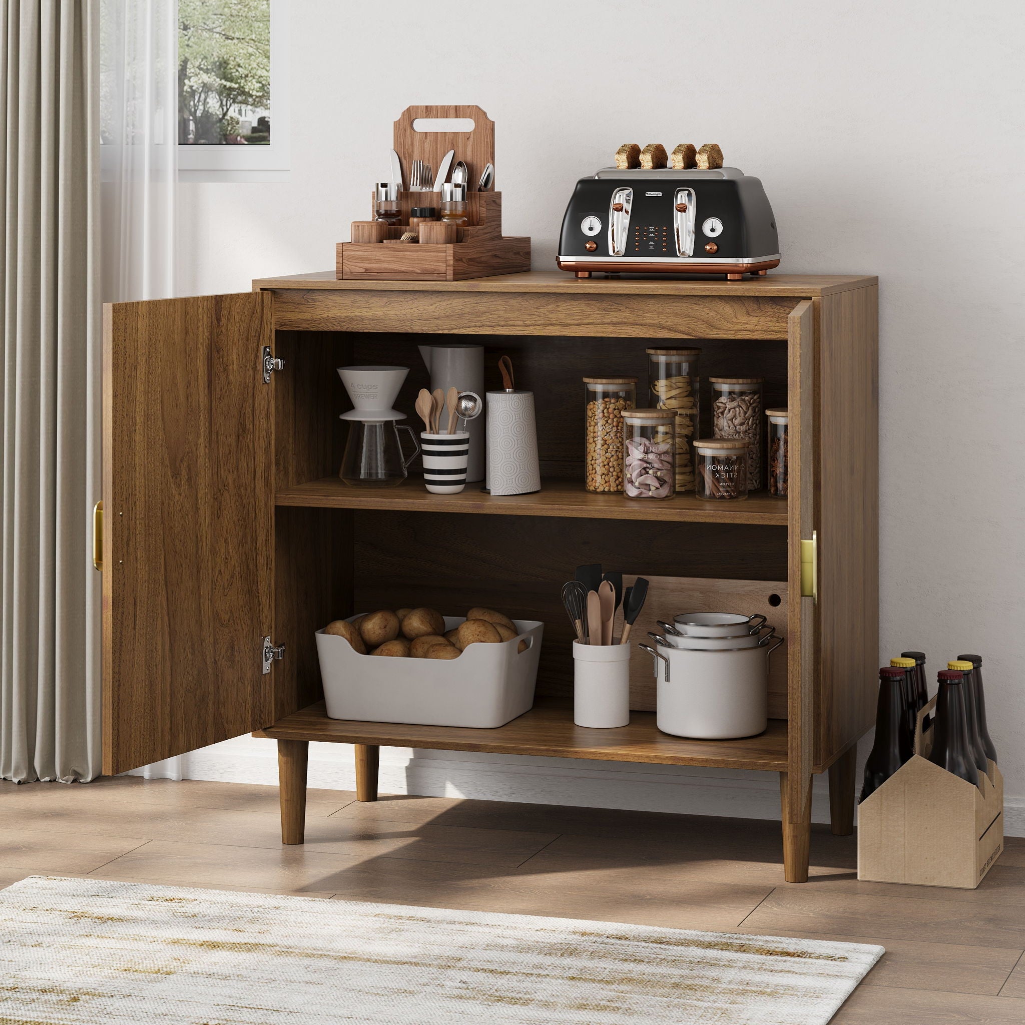 Buffet Cabinet With Line Groove Design, Sideboard Buffet Cabinet With Storage, Multifunctional Accent Cabinet For Living Room, Entryway, Hallway, Office, Kitchen - Brown