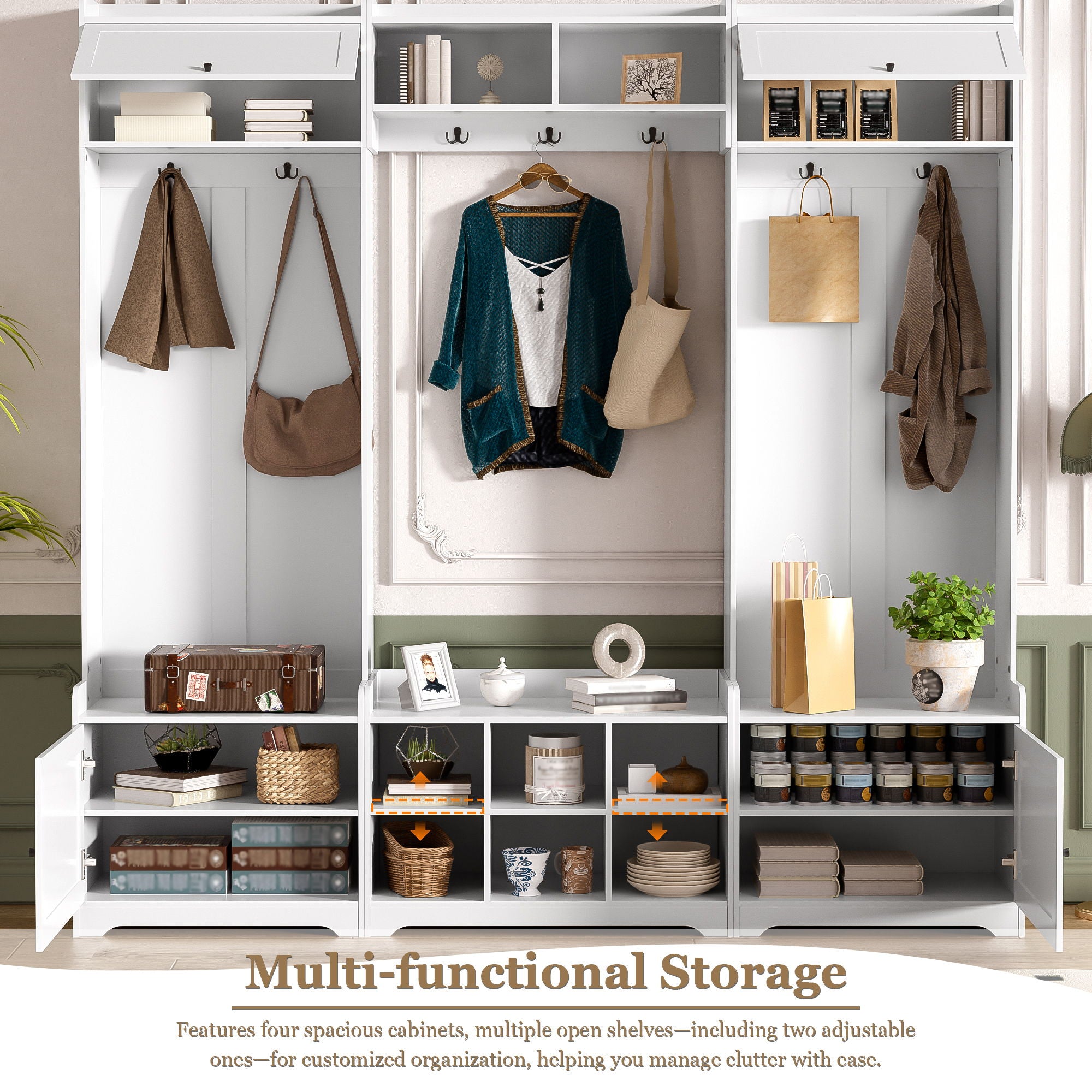 Wide Hall Tree With Shoe Storage, 4 In 1 Entryway Bench With 8 Cubbies, 7 Coat Hooks & Adjustable Shelf For Hallway - White